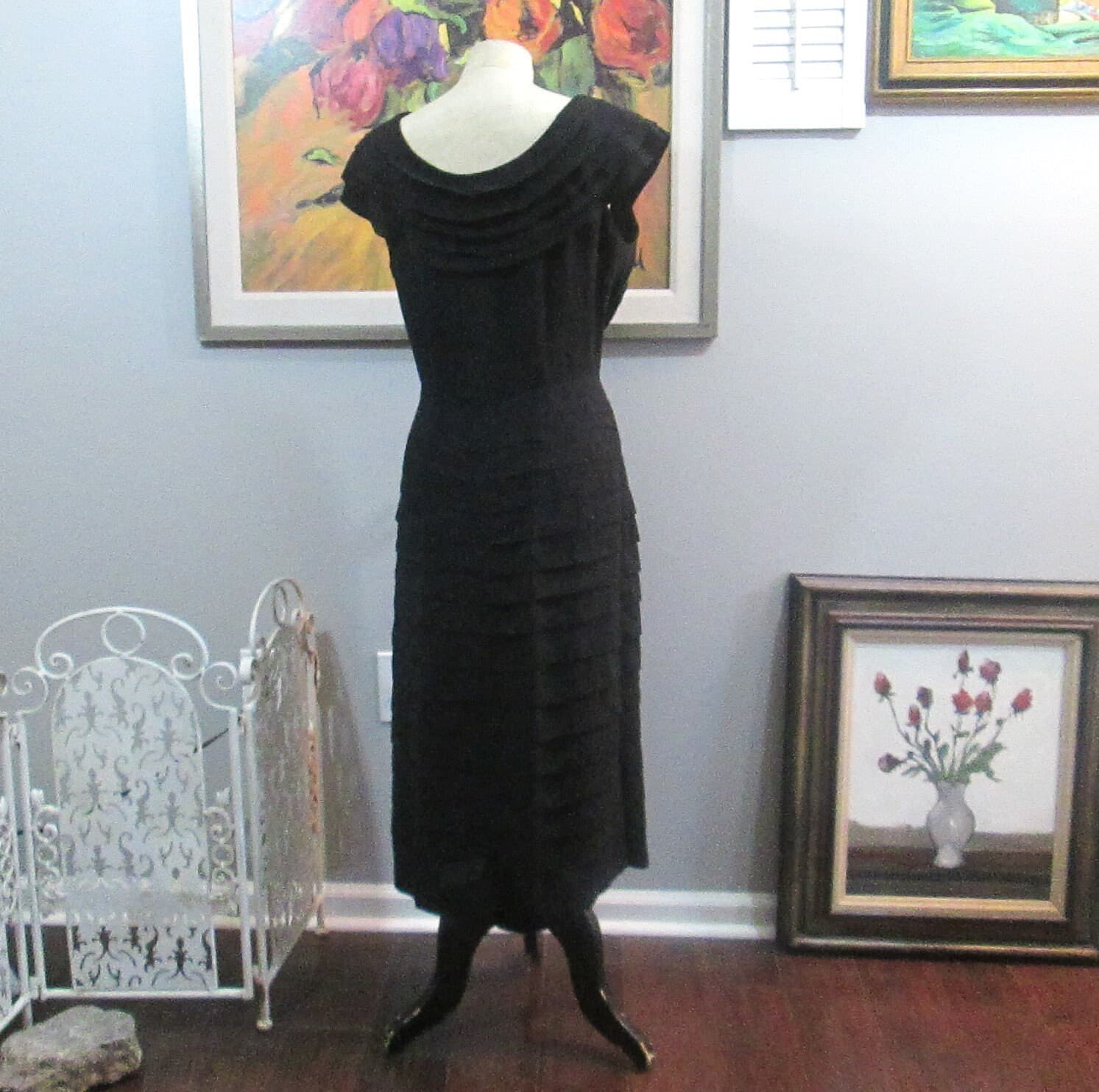 Vintage 1940's Black Rayon Tiered Cocktail Dress - Thumbnail 3
