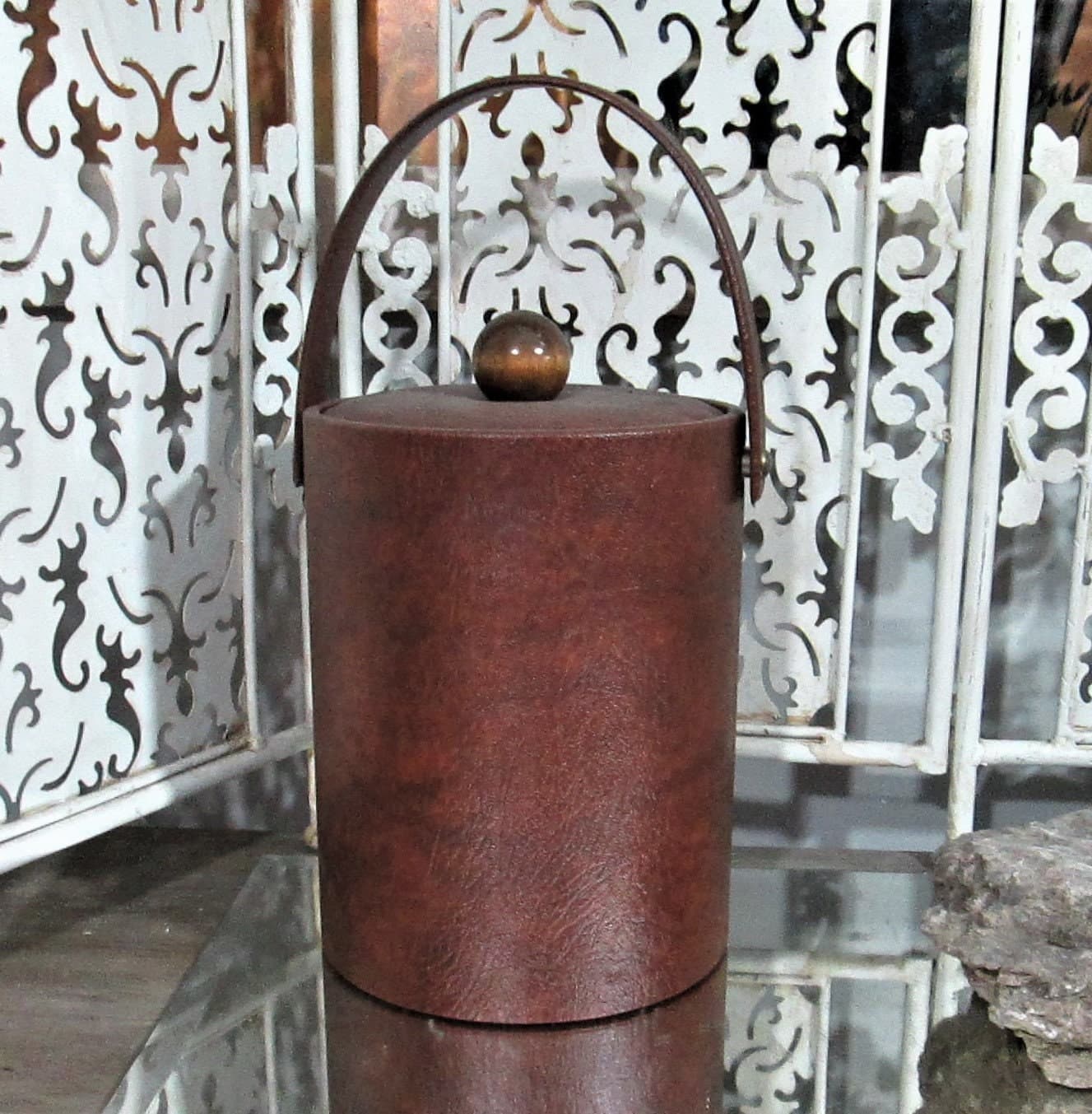 Vintage 1960s Brown Leather-Look Ice Bucket with Wooden Handle