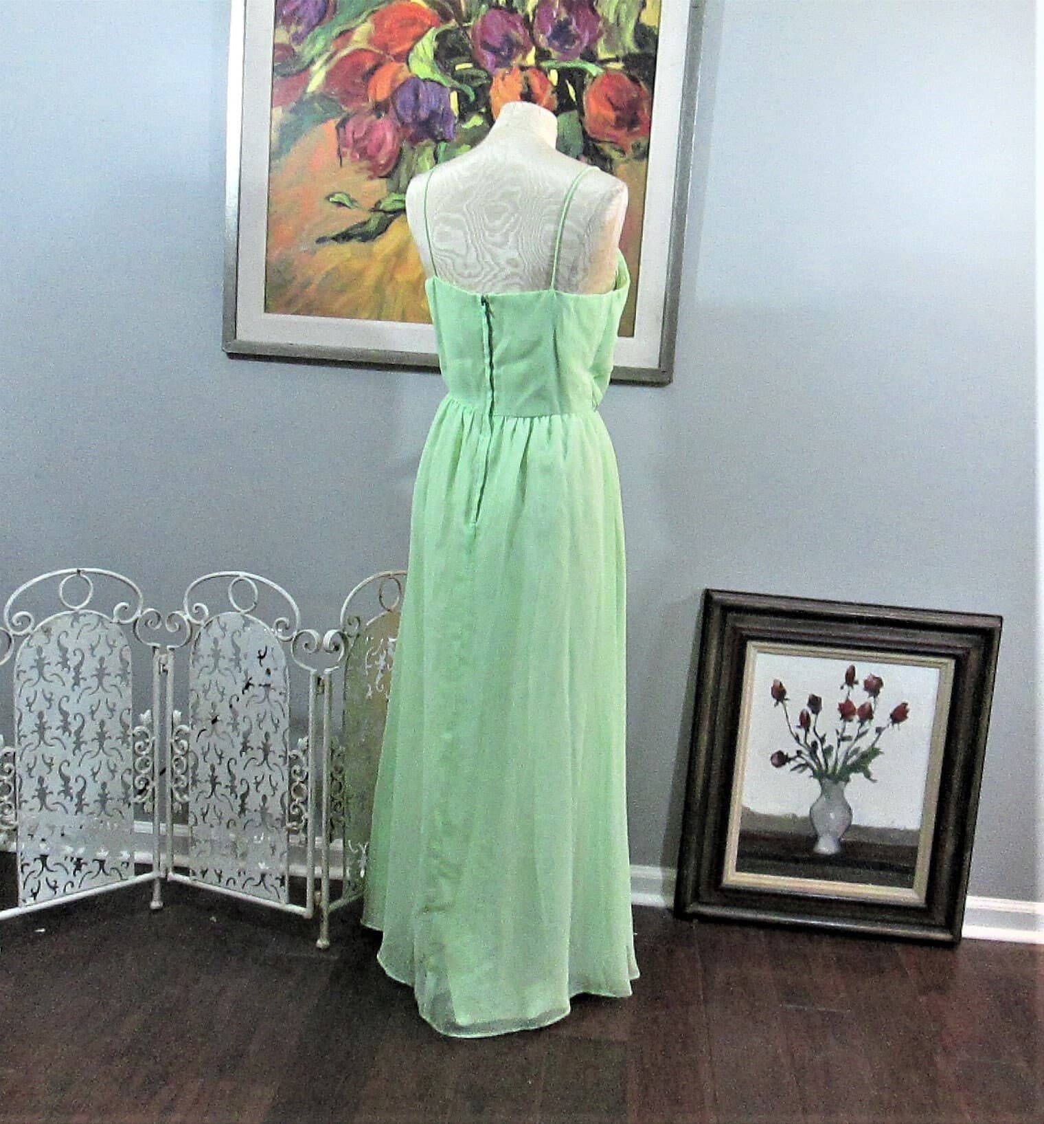 Vintage 1970's Lime Green Formal Dress - Thumbnail 3