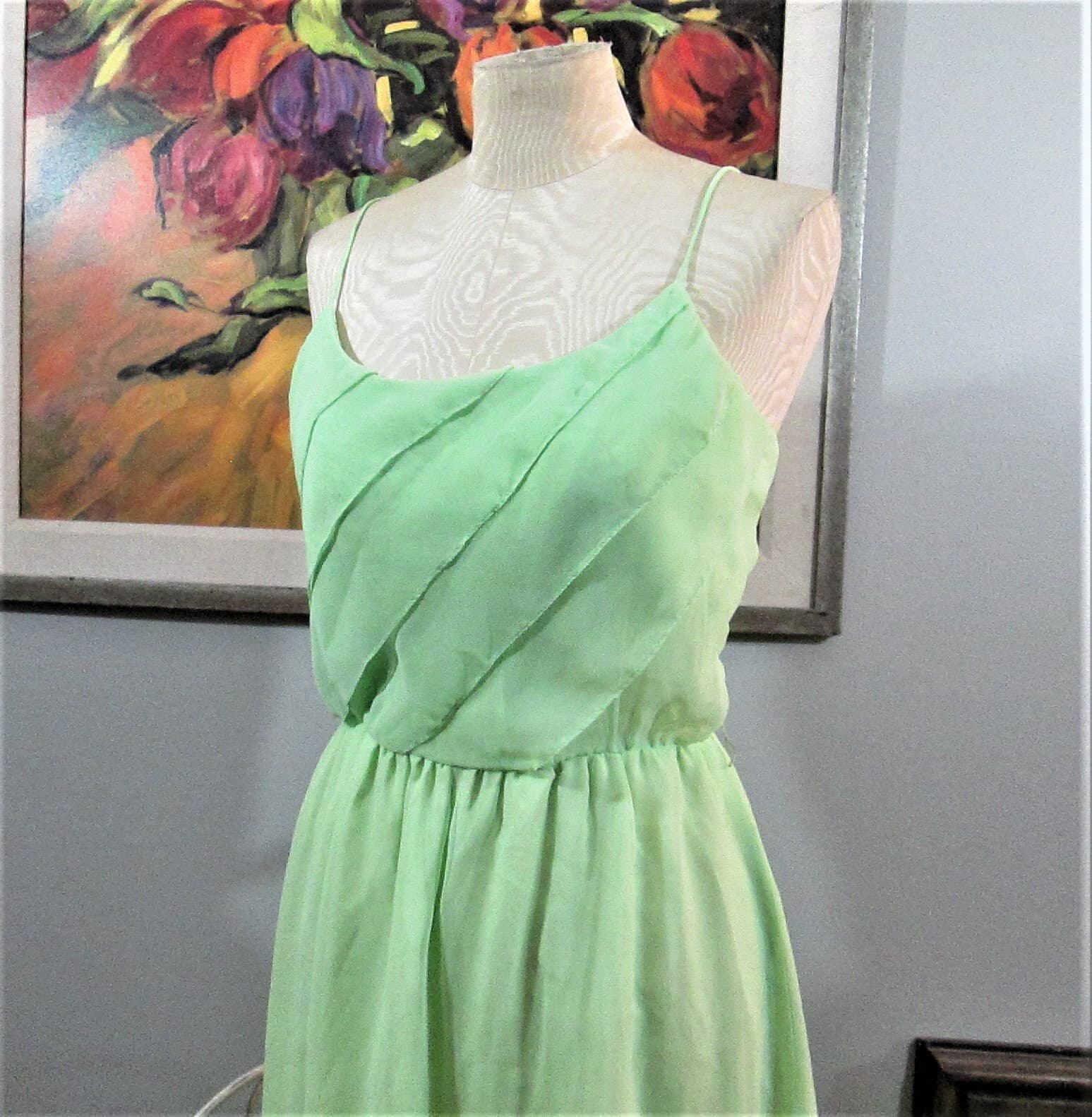 Vintage 1970's Lime Green Formal Dress - Thumbnail 2