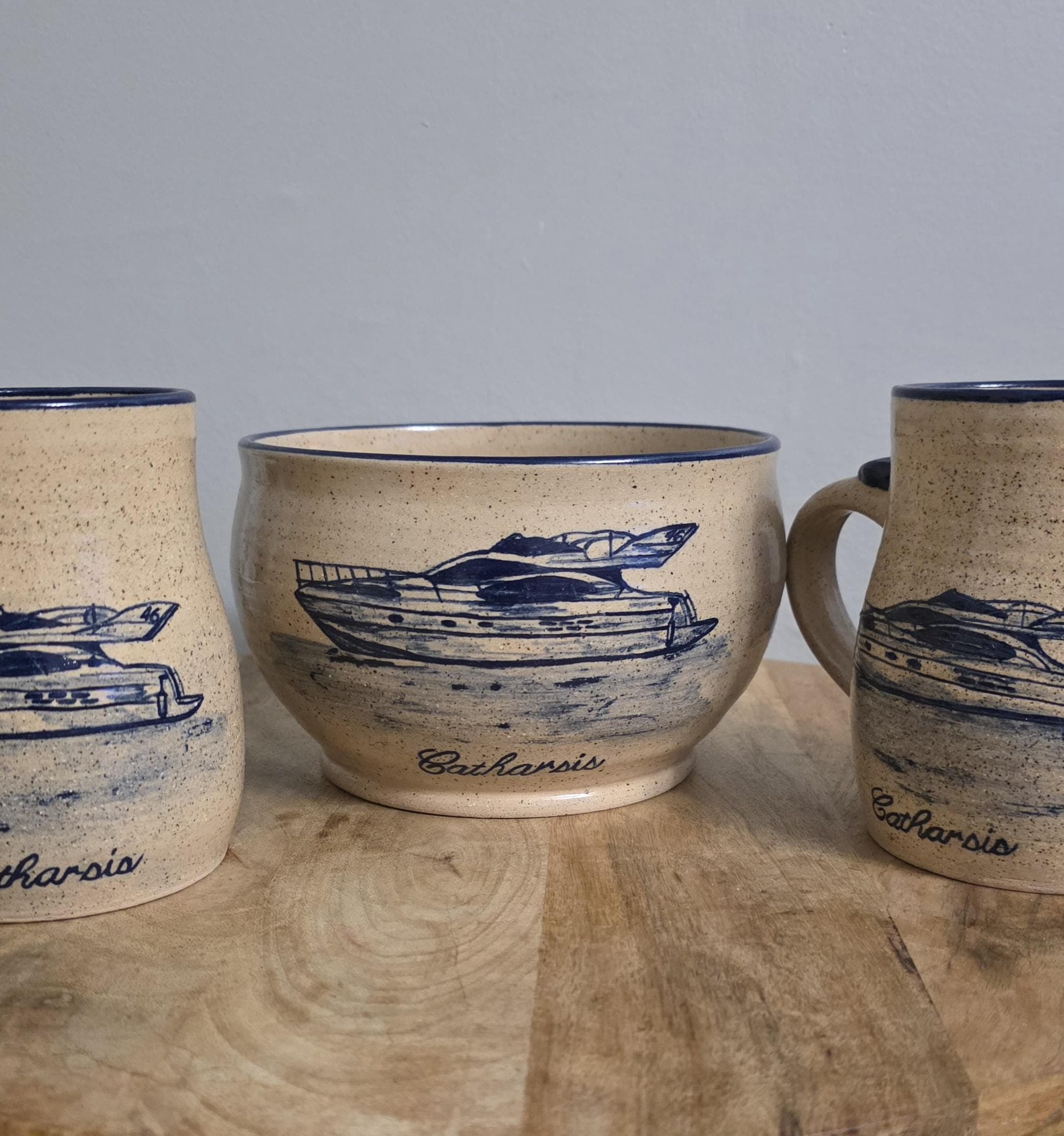 Vintage Boat Design "Catharsis" Pottery Bowl and Steins