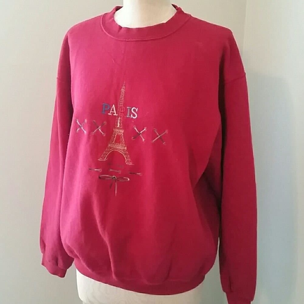 Vintage Paris Sweatshirt, Embroidered Eiffel Tower, Burgundy Estelle France