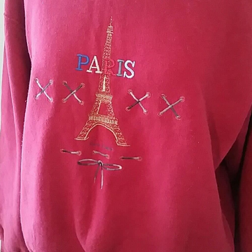 Vintage Paris Sweatshirt, Embroidered Eiffel Tower, Burgundy Estelle France - Thumbnail 2