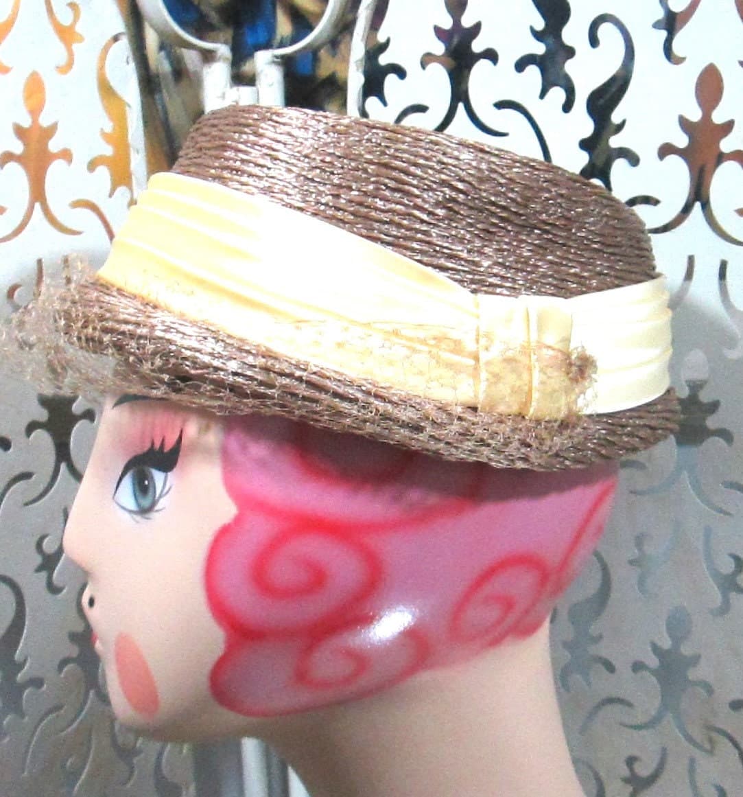 Vintage 1950's Straw Yellow Sash Hat