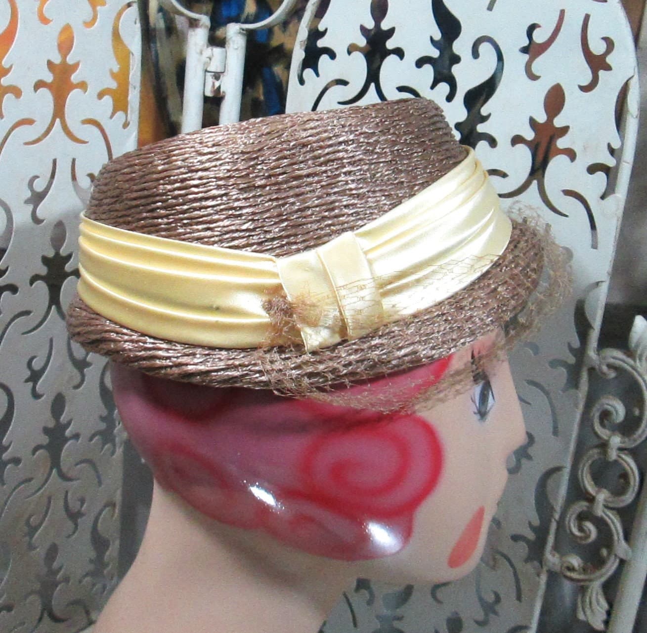 Vintage 1950's Straw Yellow Sash Hat - Thumbnail 3