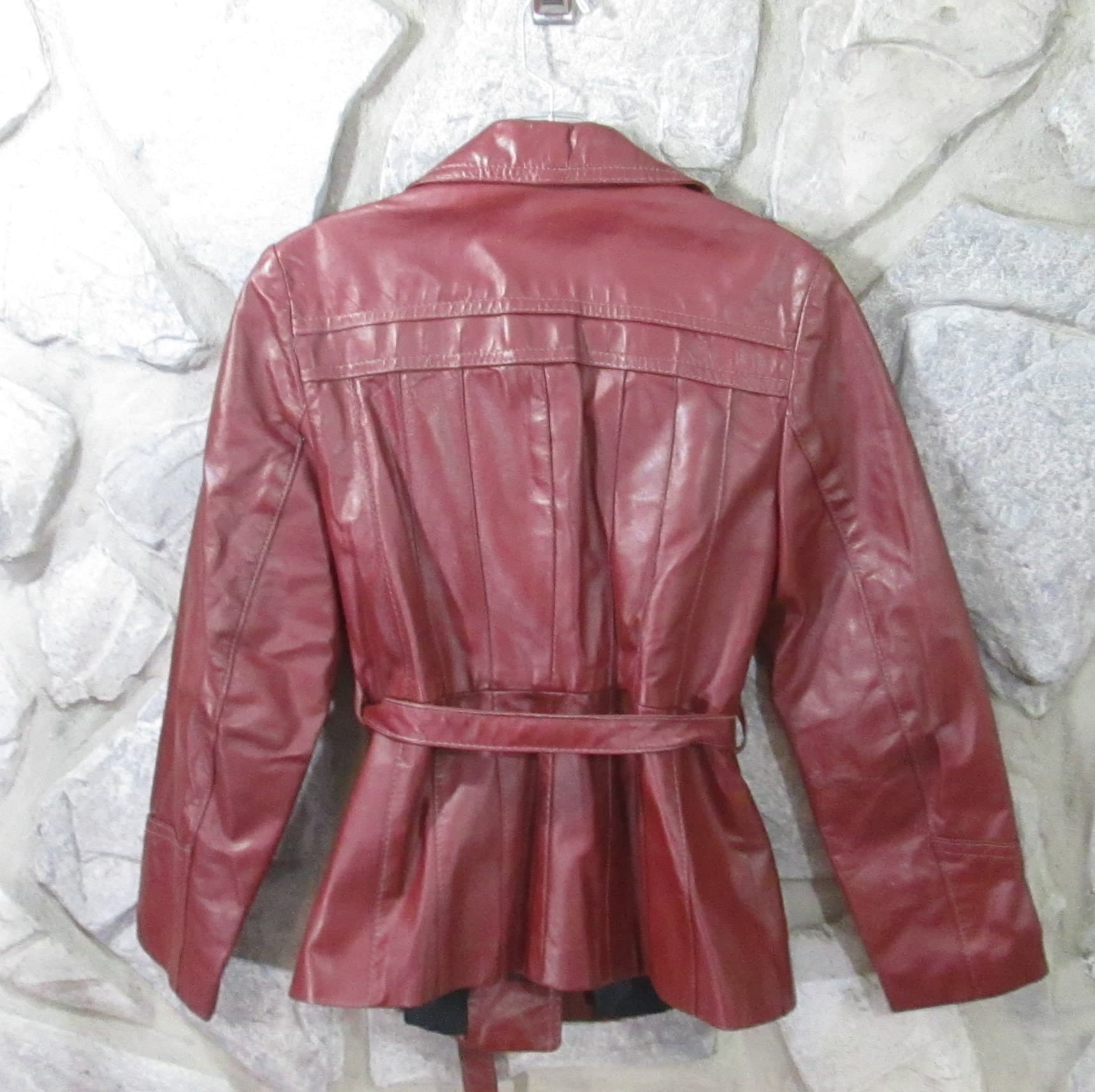 Vintage 1970's Brown Leather Short Trench Coat - Thumbnail 2