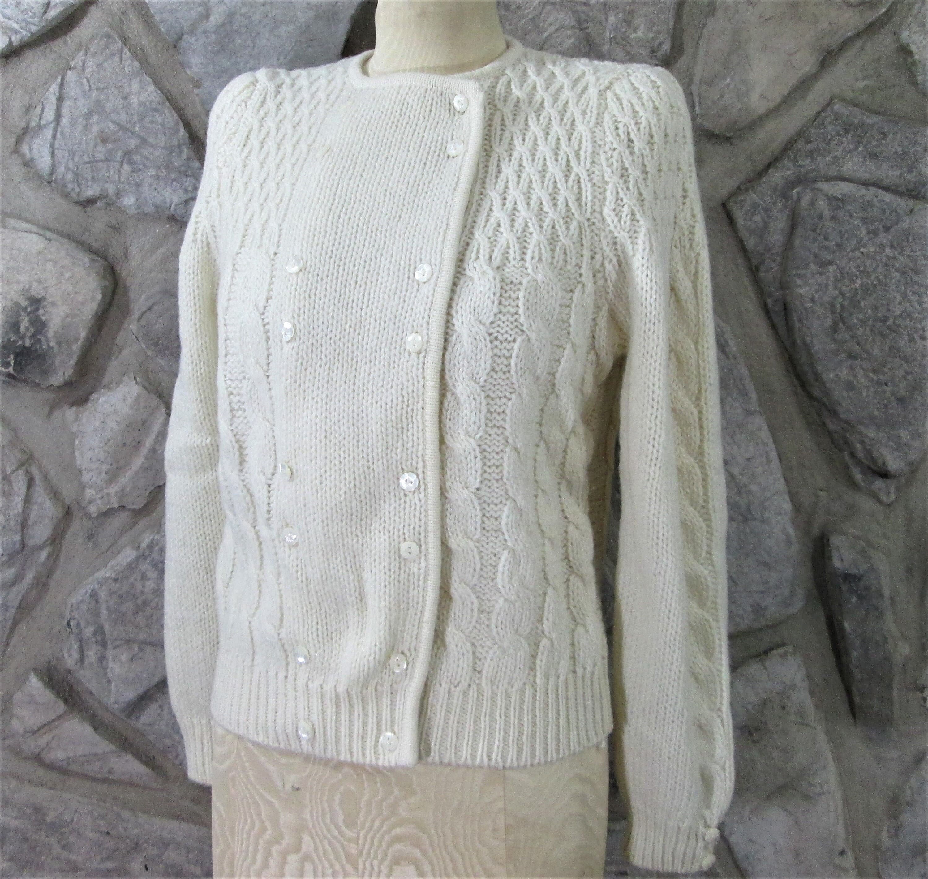 Vintage 80's Cream Cable Knit Irish Aran Wool Cardigan Sweater