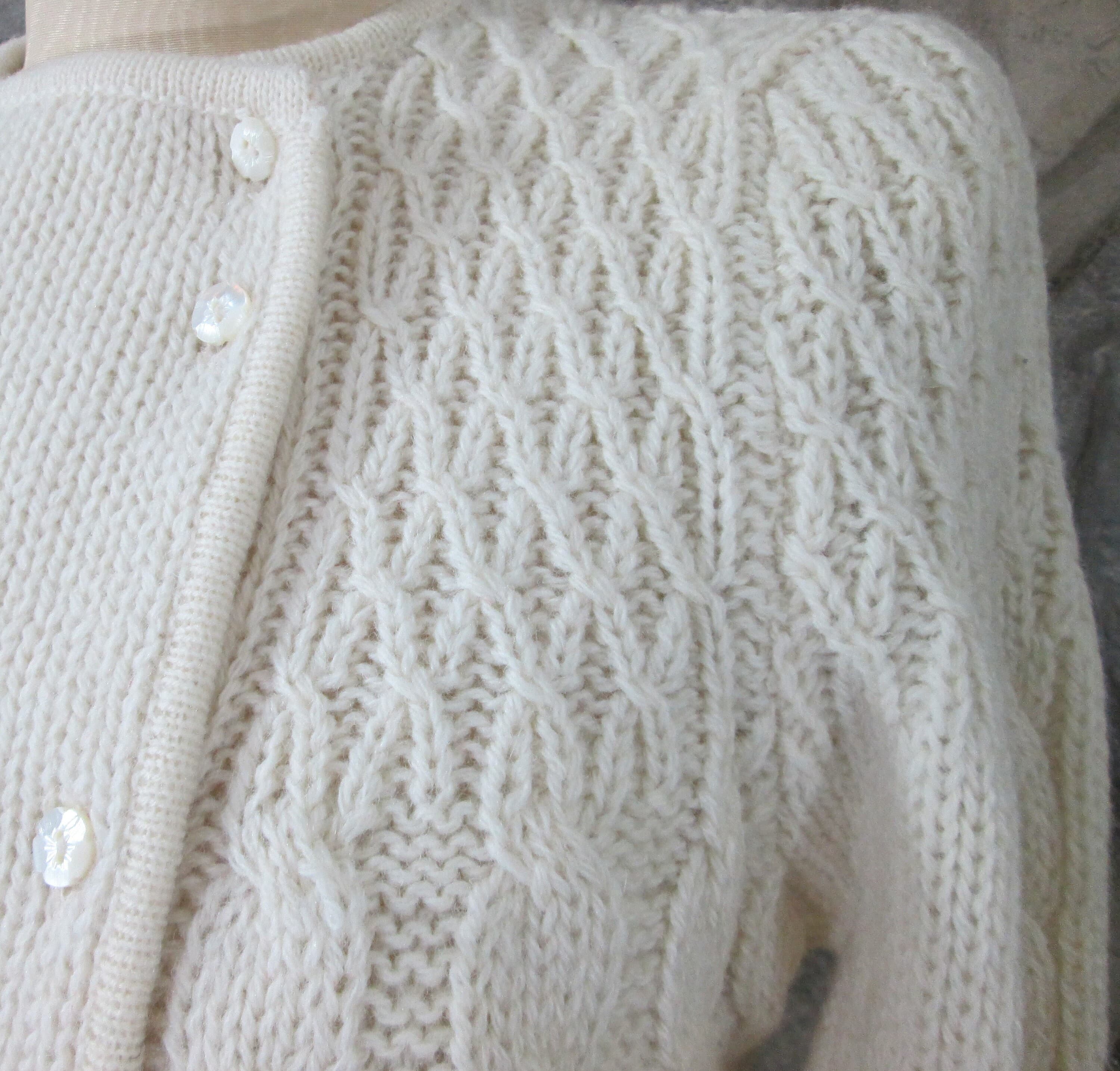 Vintage 80's Cream Cable Knit Irish Aran Wool Cardigan Sweater - Thumbnail 2