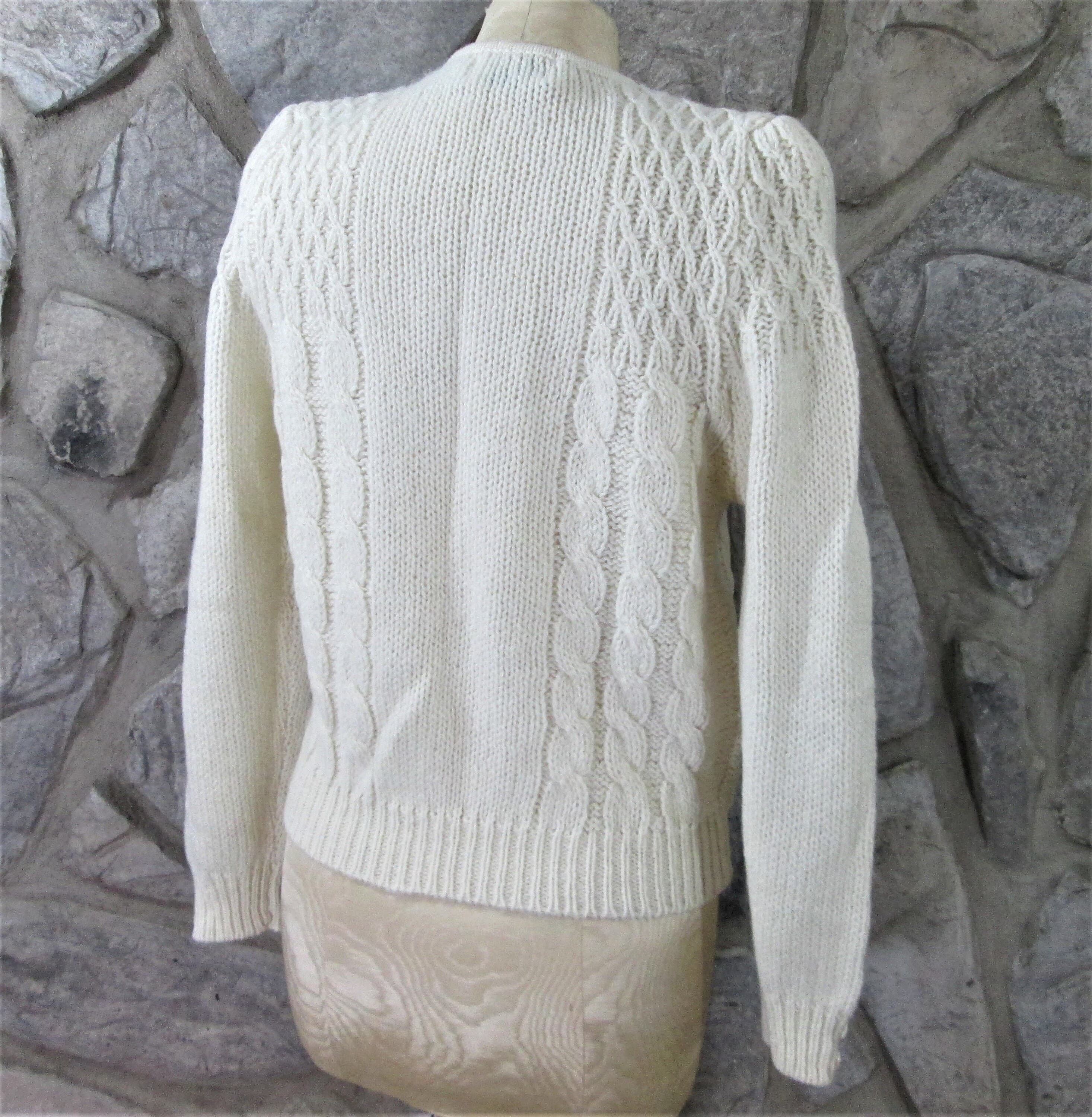 Vintage 80's Cream Cable Knit Irish Aran Wool Cardigan Sweater - Thumbnail 3