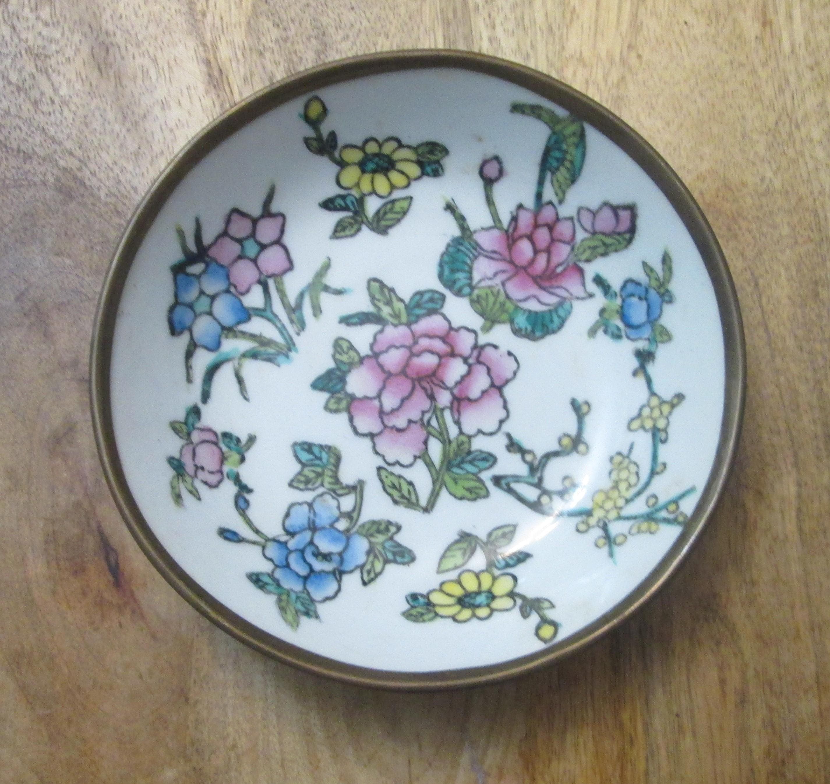 Vintage Chinese Porcelain Floral Enamel Bowl in Brass