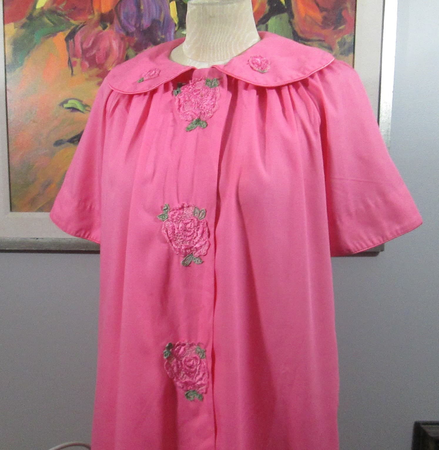 Vintage Loungees Pink Roses Robe or House Coat - Thumbnail 2