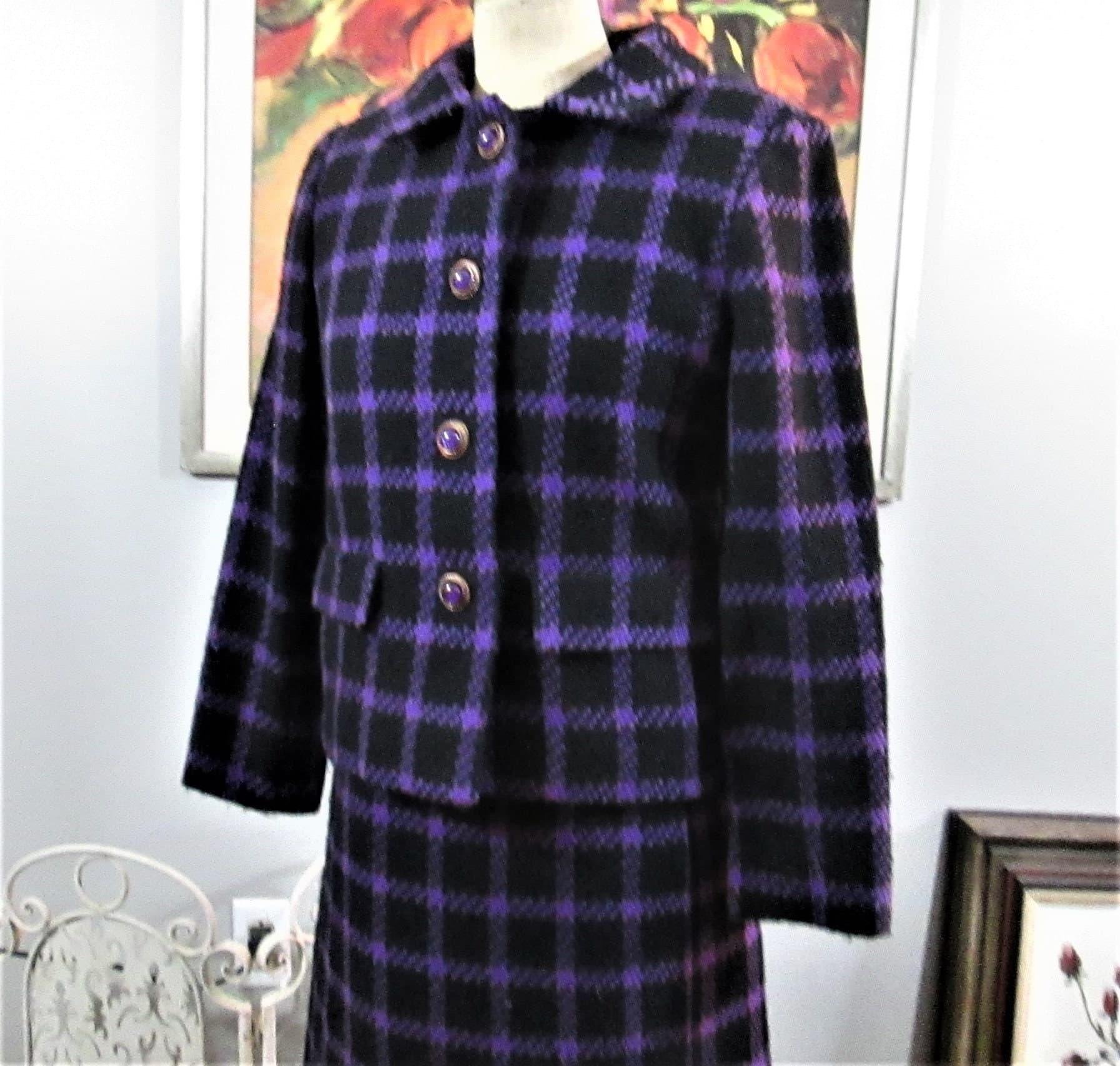 Vintage 1960's Purple & Black Wool Suit - Thumbnail 3