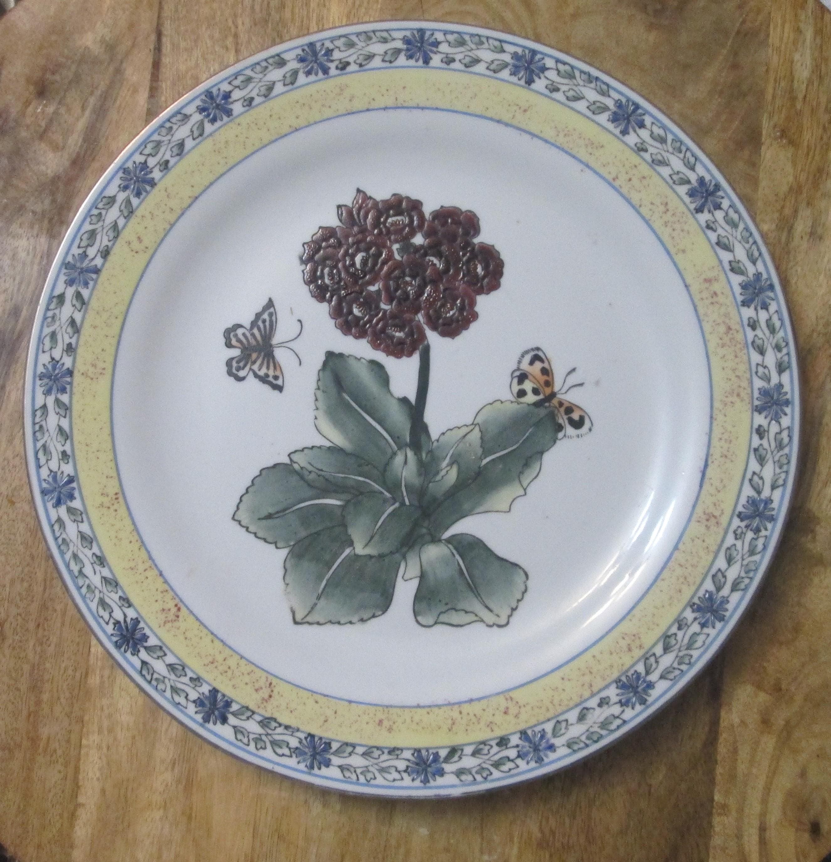 Vintage Oriental Accent Flower & Butterfly Enamel Plate