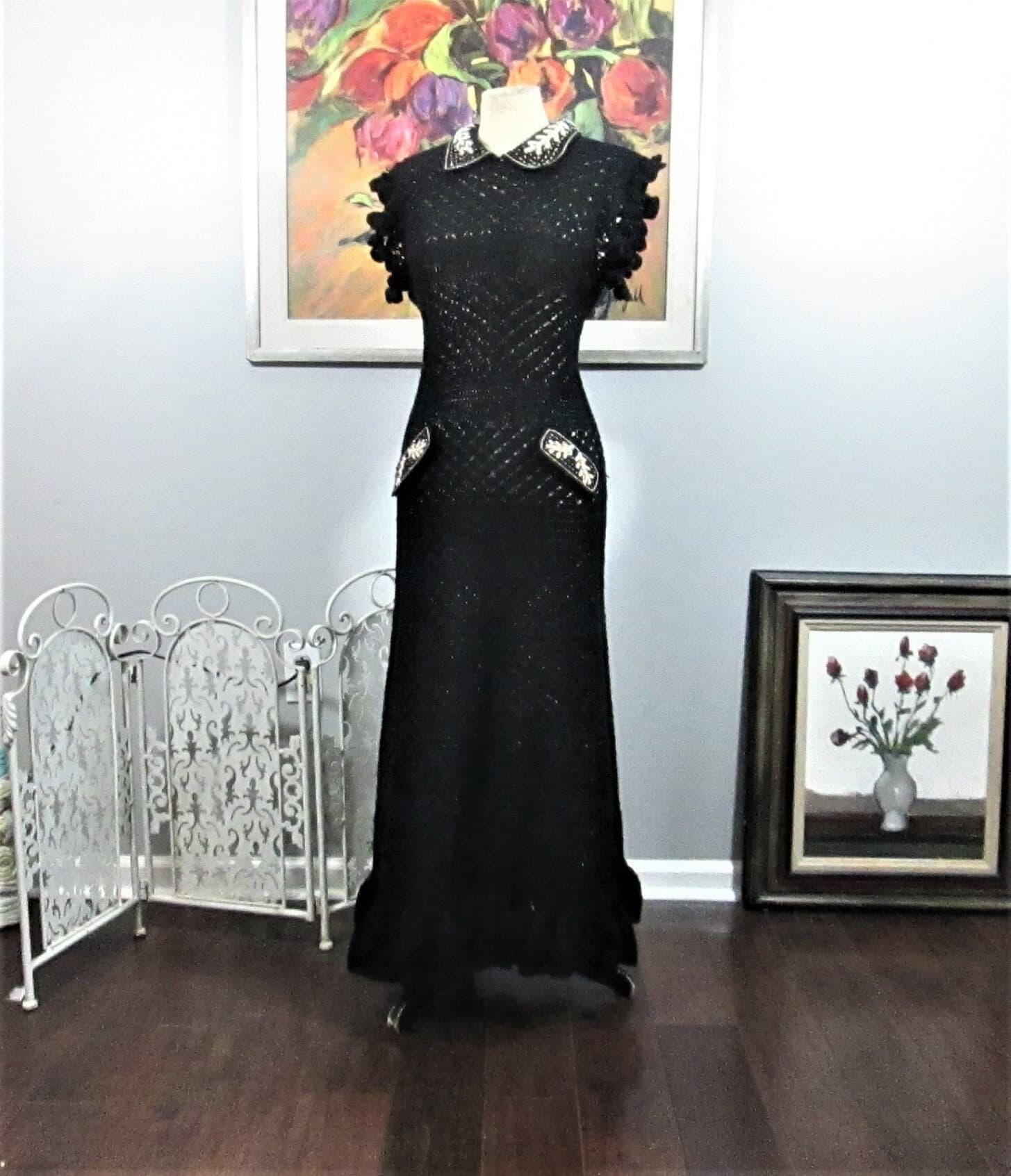 Handmade 1930's Style Black Crocheted Evening Dress