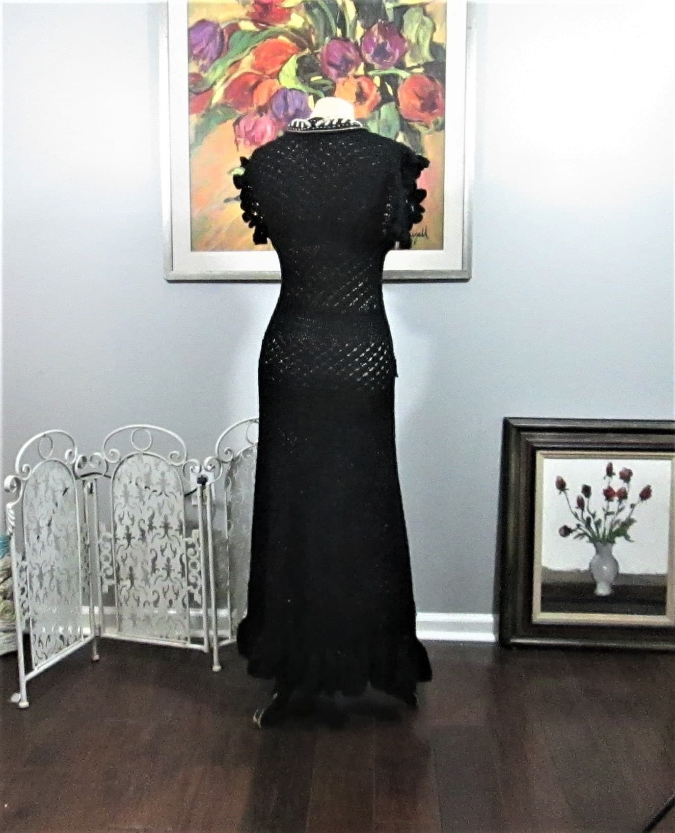 Handmade 1930's Style Black Crocheted Evening Dress - Thumbnail 3