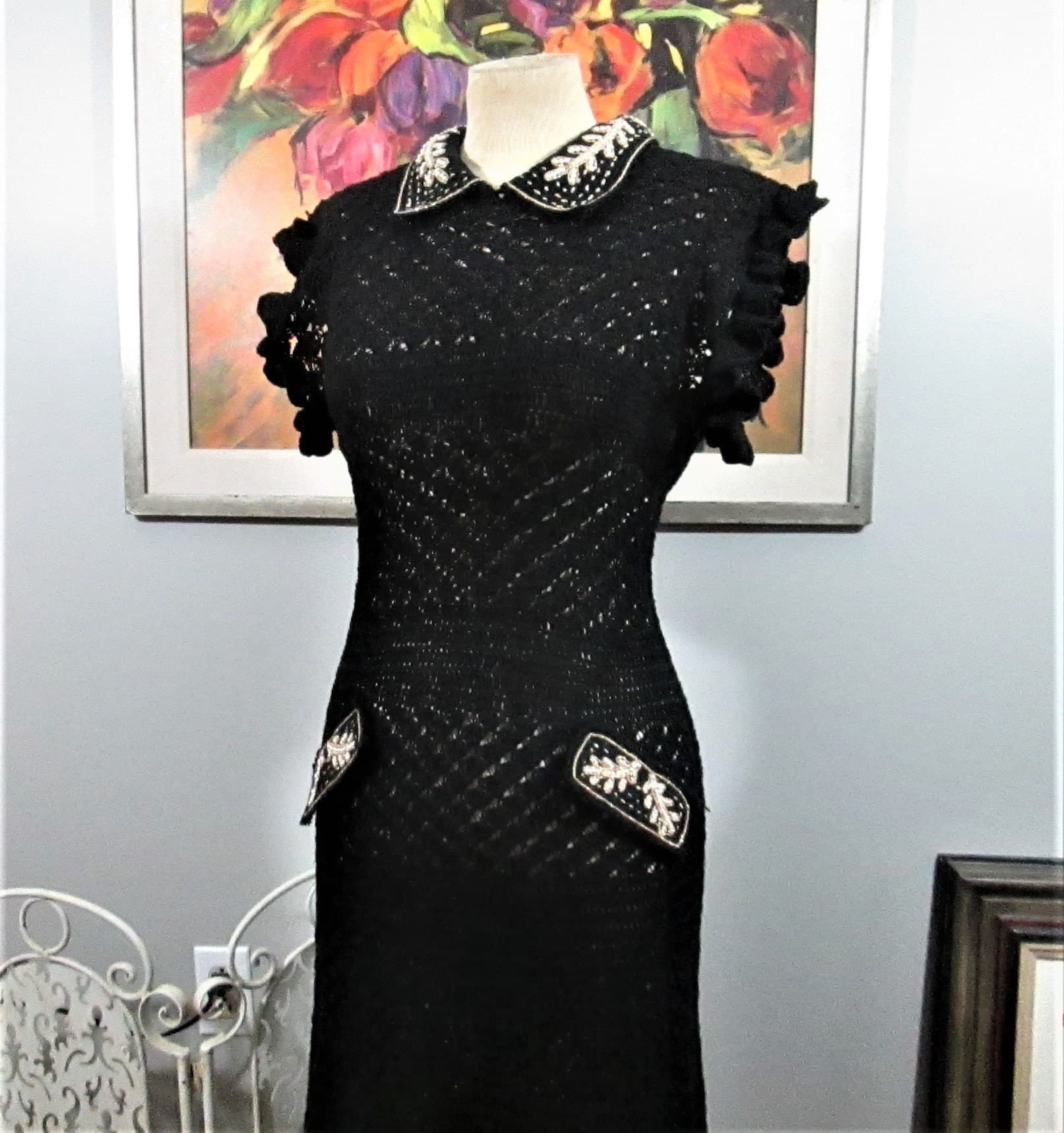 Handmade 1930's Style Black Crocheted Evening Dress - Thumbnail 2