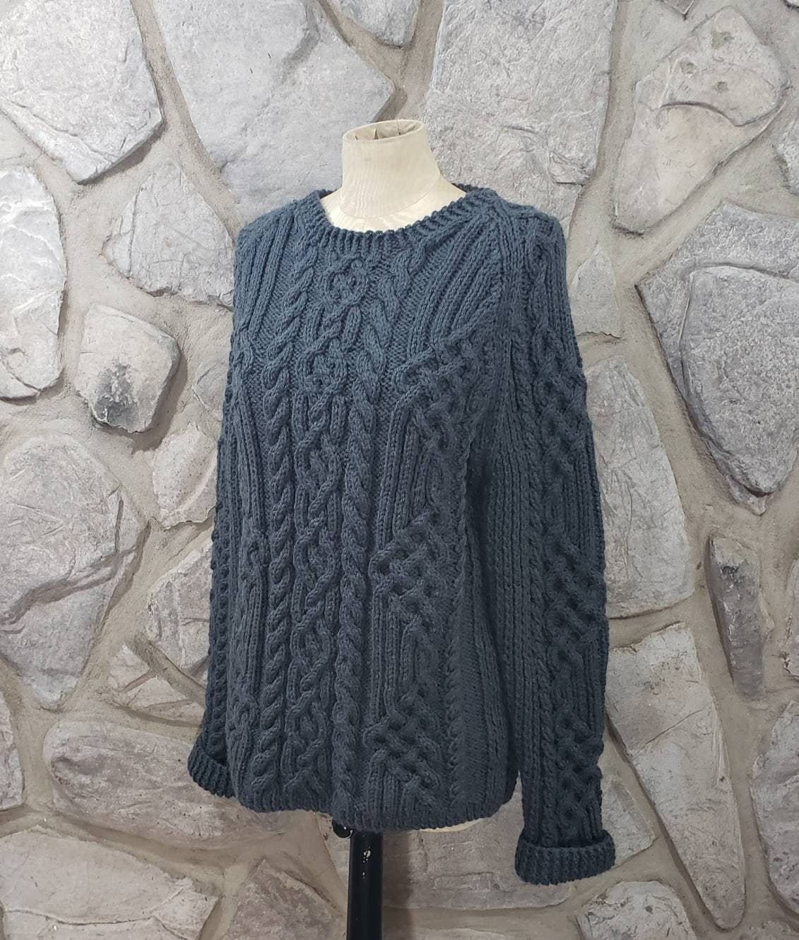 Handmade Cable Knit Celtic Knot Fisherman Sweater in Charcoal Gray