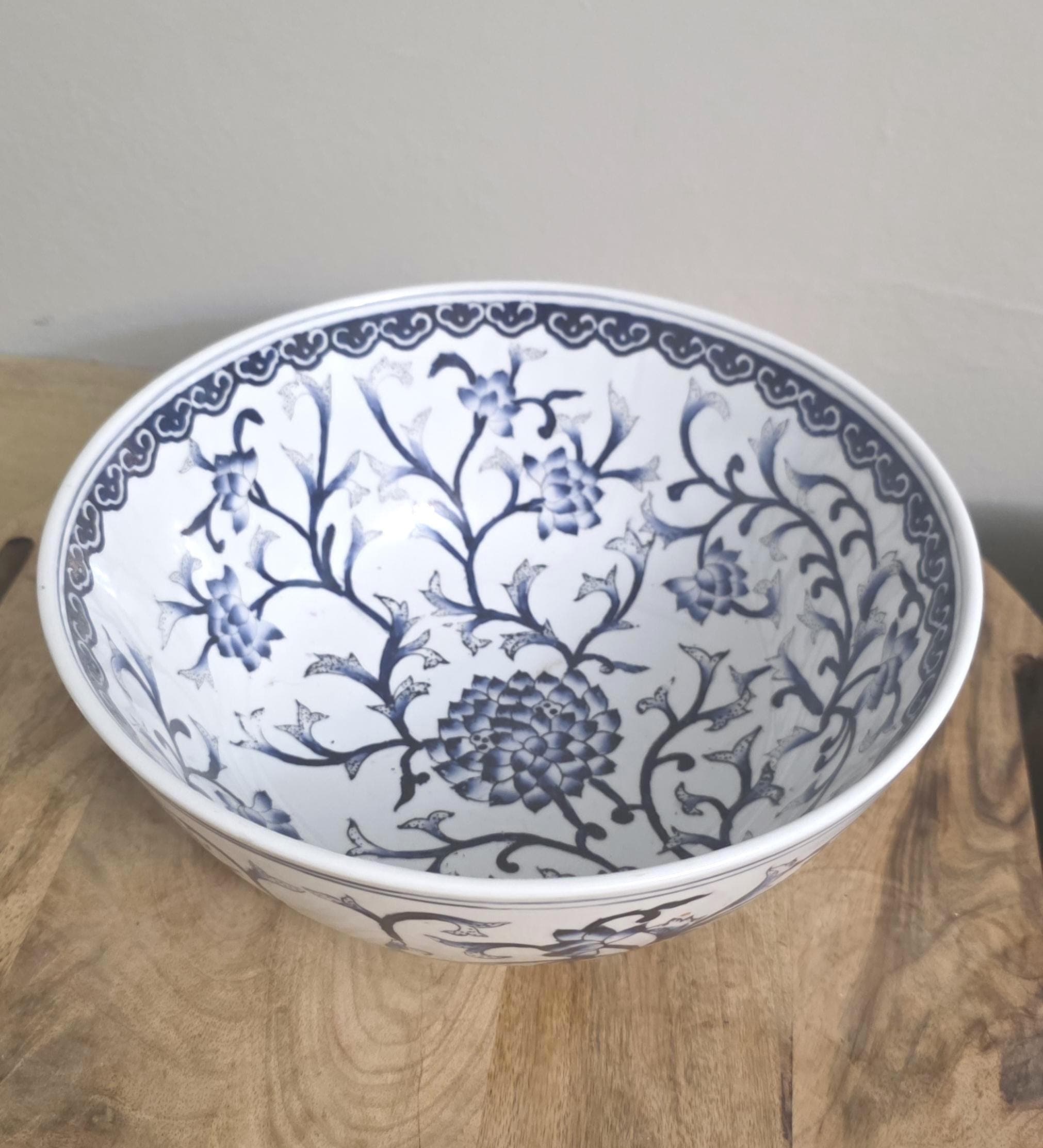 Vintage Blue & White Porcelain Chinese Punch Bowl - Thumbnail 2