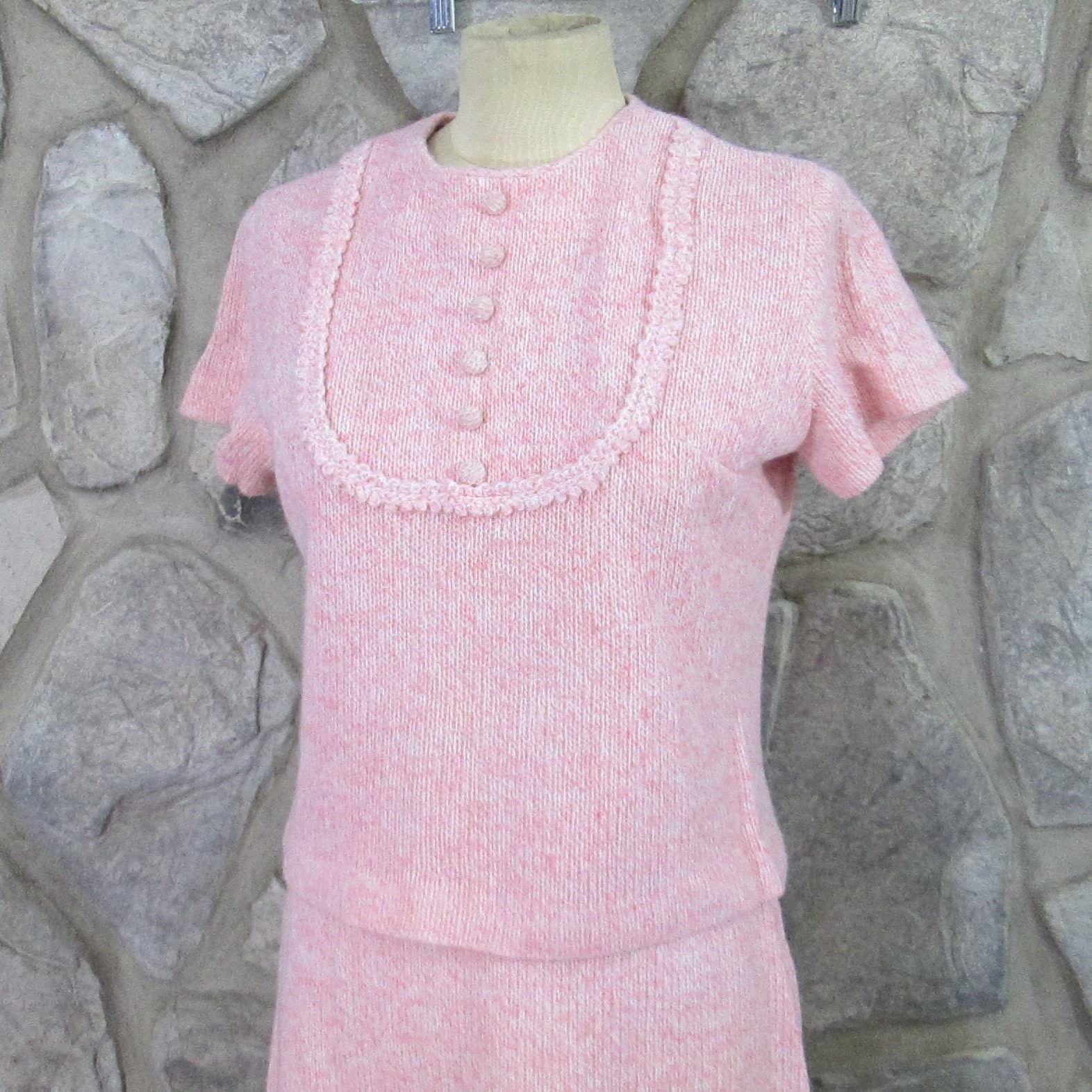 Vintage 1960's Bobbie Brooks Pink Heather Knit Skirt Suit - Thumbnail 2