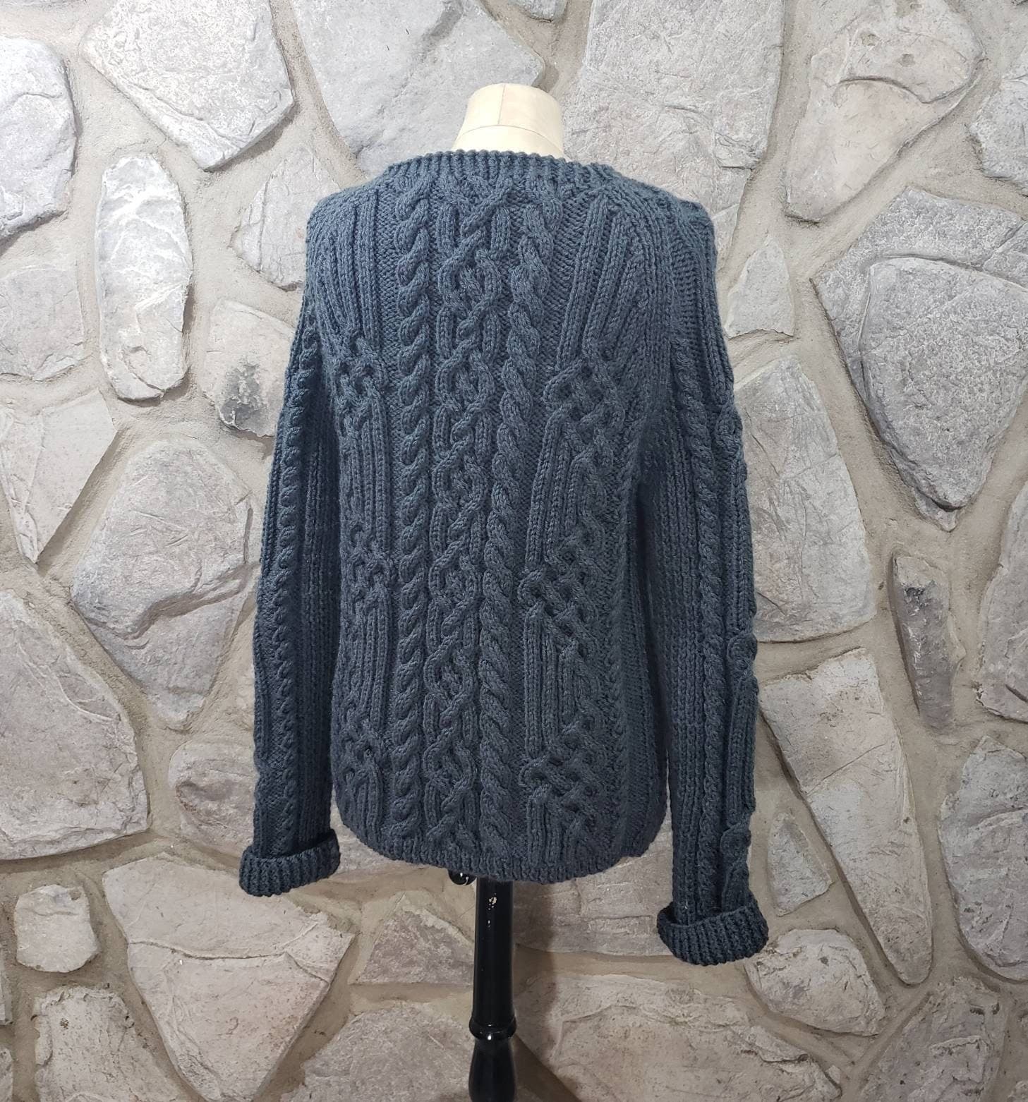 Handmade Cable Knit Celtic Knot Fisherman Sweater in Charcoal Gray - Thumbnail 2