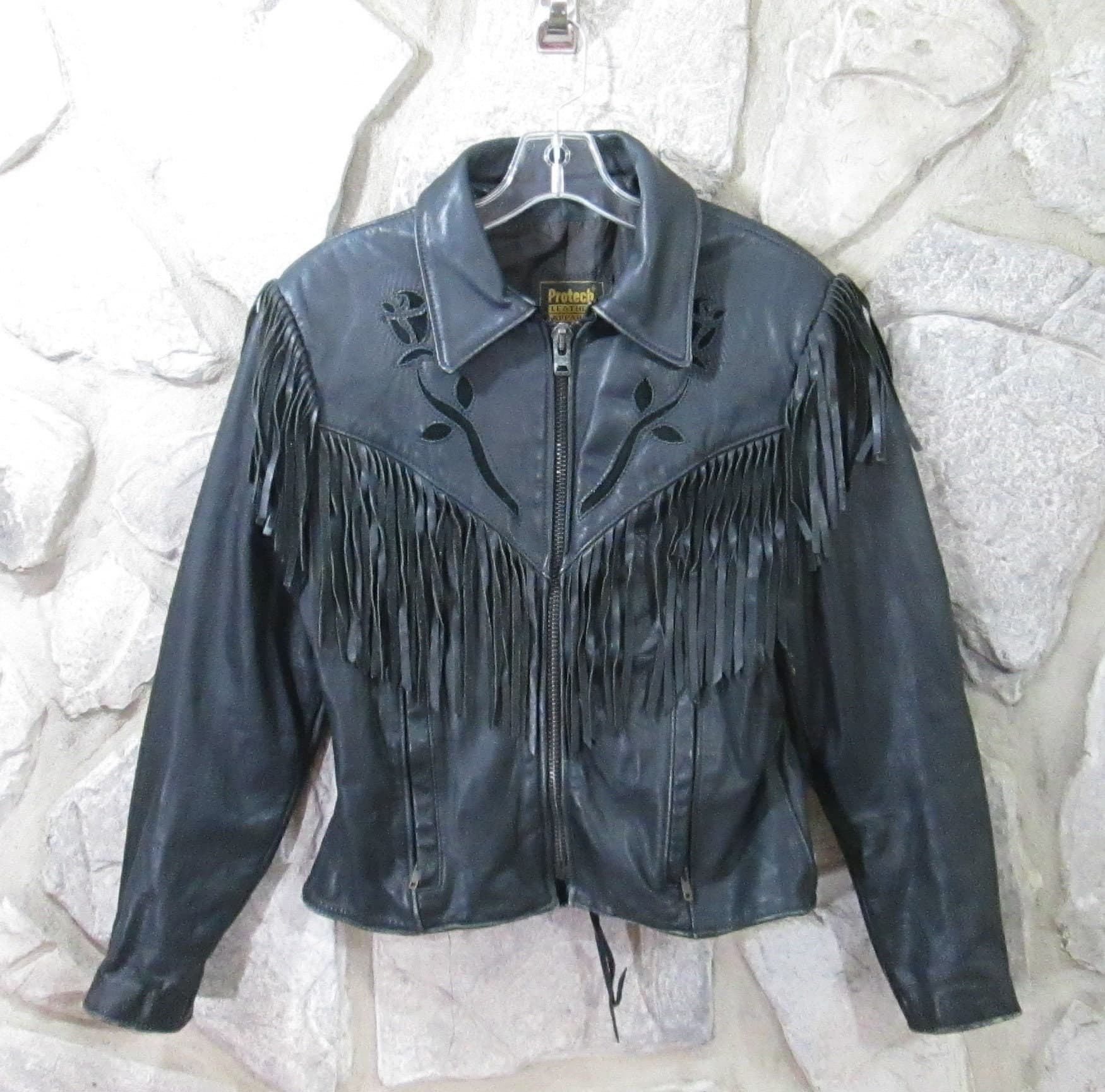 Vintage Black Leather Fringe & Cutout Roses Leather Jacket