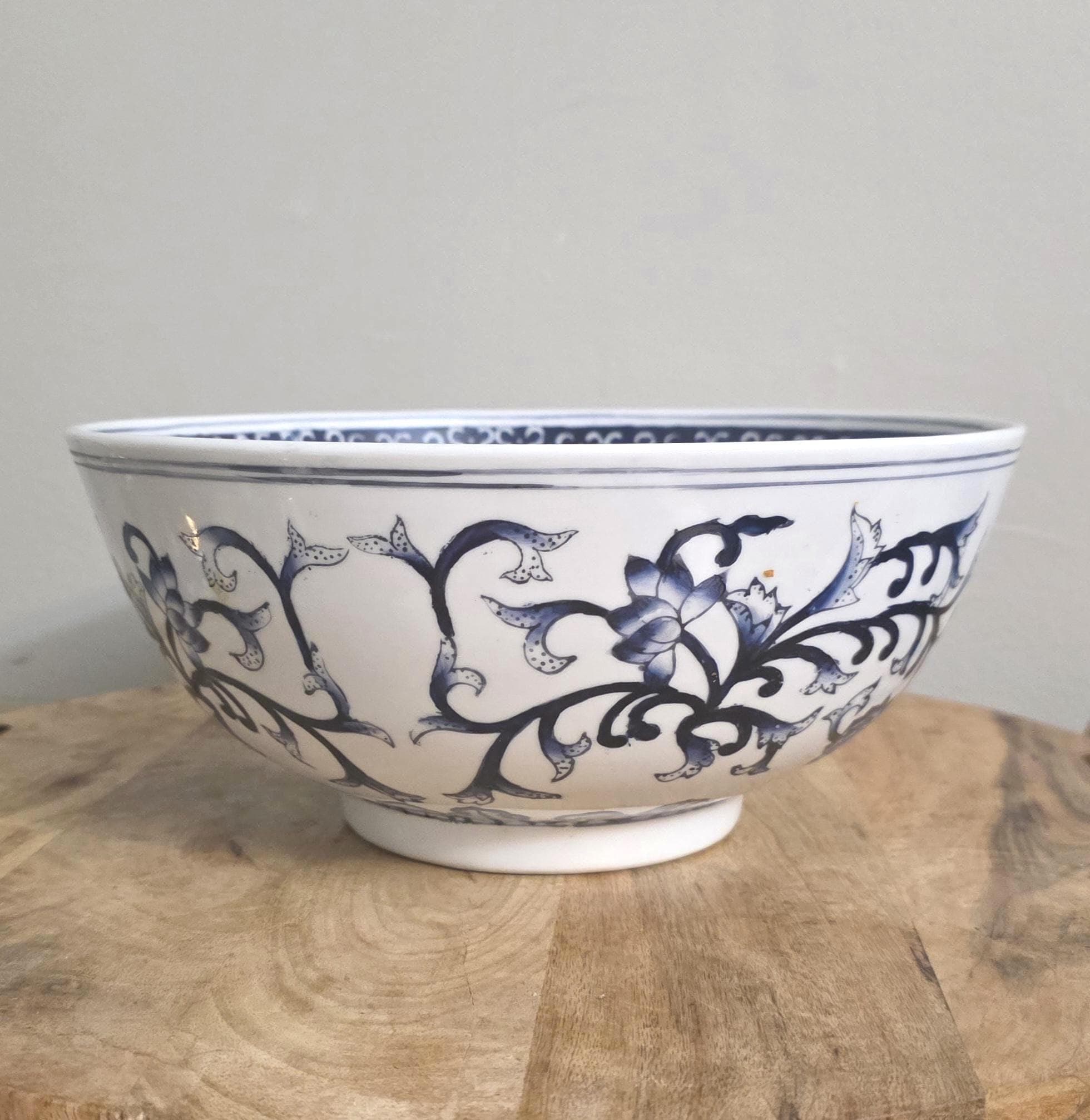 Vintage Blue & White Porcelain Chinese Punch Bowl - Thumbnail 3
