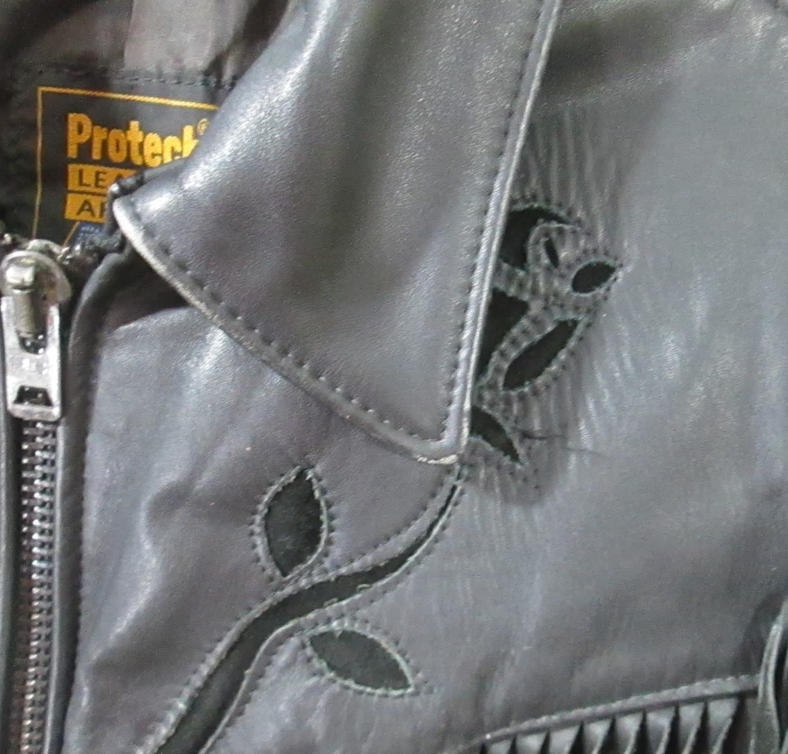 Vintage Black Leather Fringe & Cutout Roses Leather Jacket - Thumbnail 2