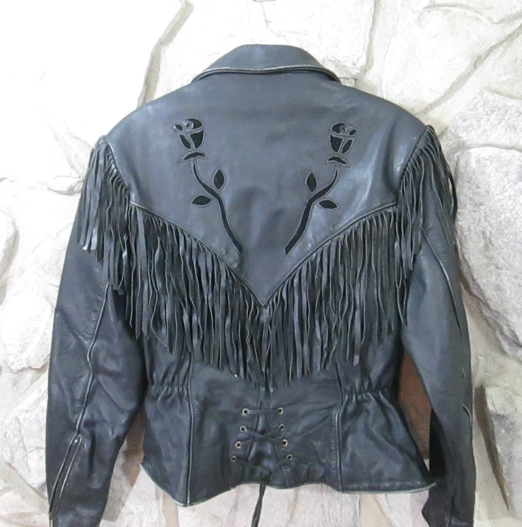 Vintage Black Leather Fringe & Cutout Roses Leather Jacket - Thumbnail 4