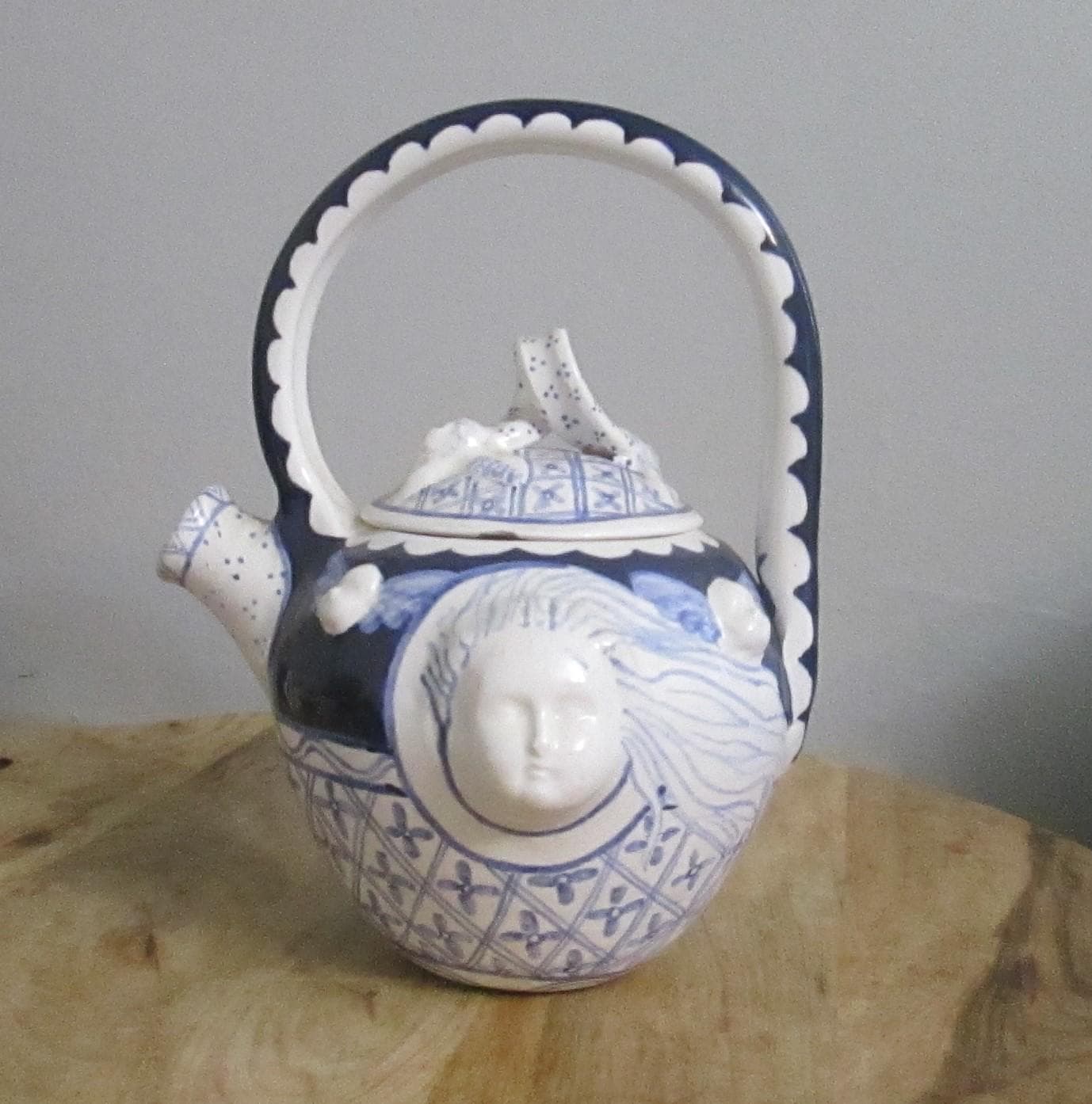 Vintage Moultrie Creek Studios Pottery Blue and White Teapot, 1992