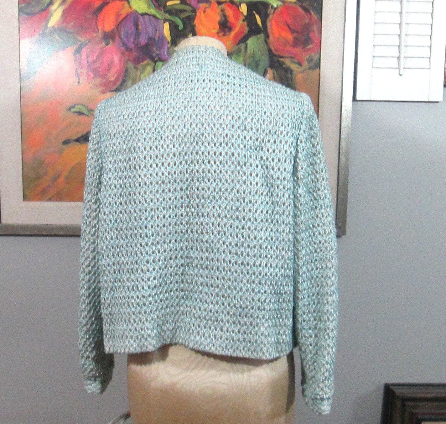 Vintage Blue and White Knit Sweater Suit Jacket - Thumbnail 2