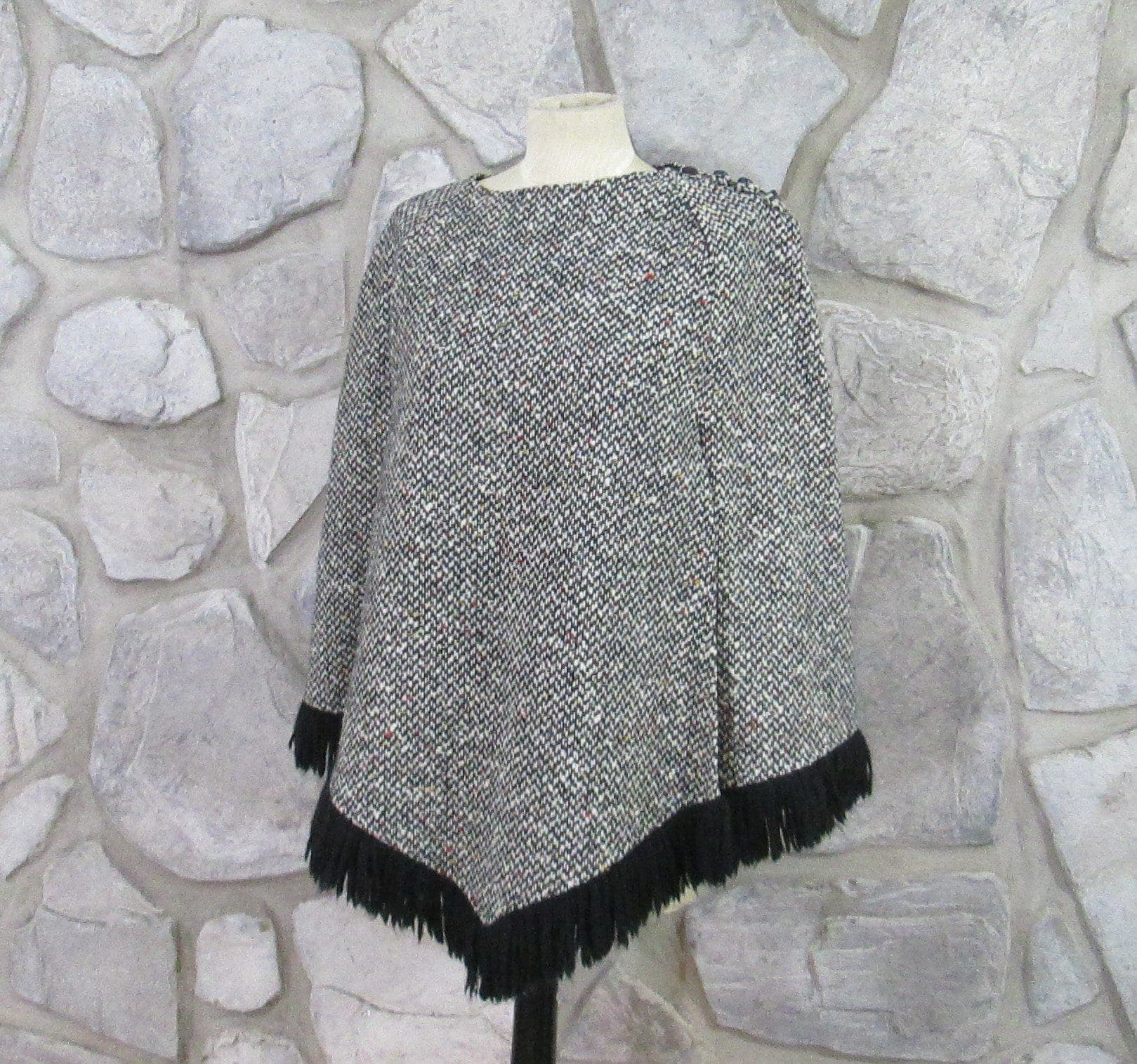 Vintage 1970s Black Tweed Poncho