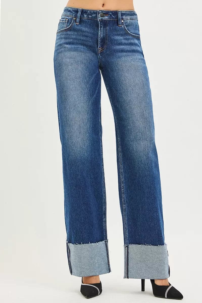 RISEN Mid Rise Wide Straight Jeans With Wide Cuff - DARK / 3 - Thumbnail 3