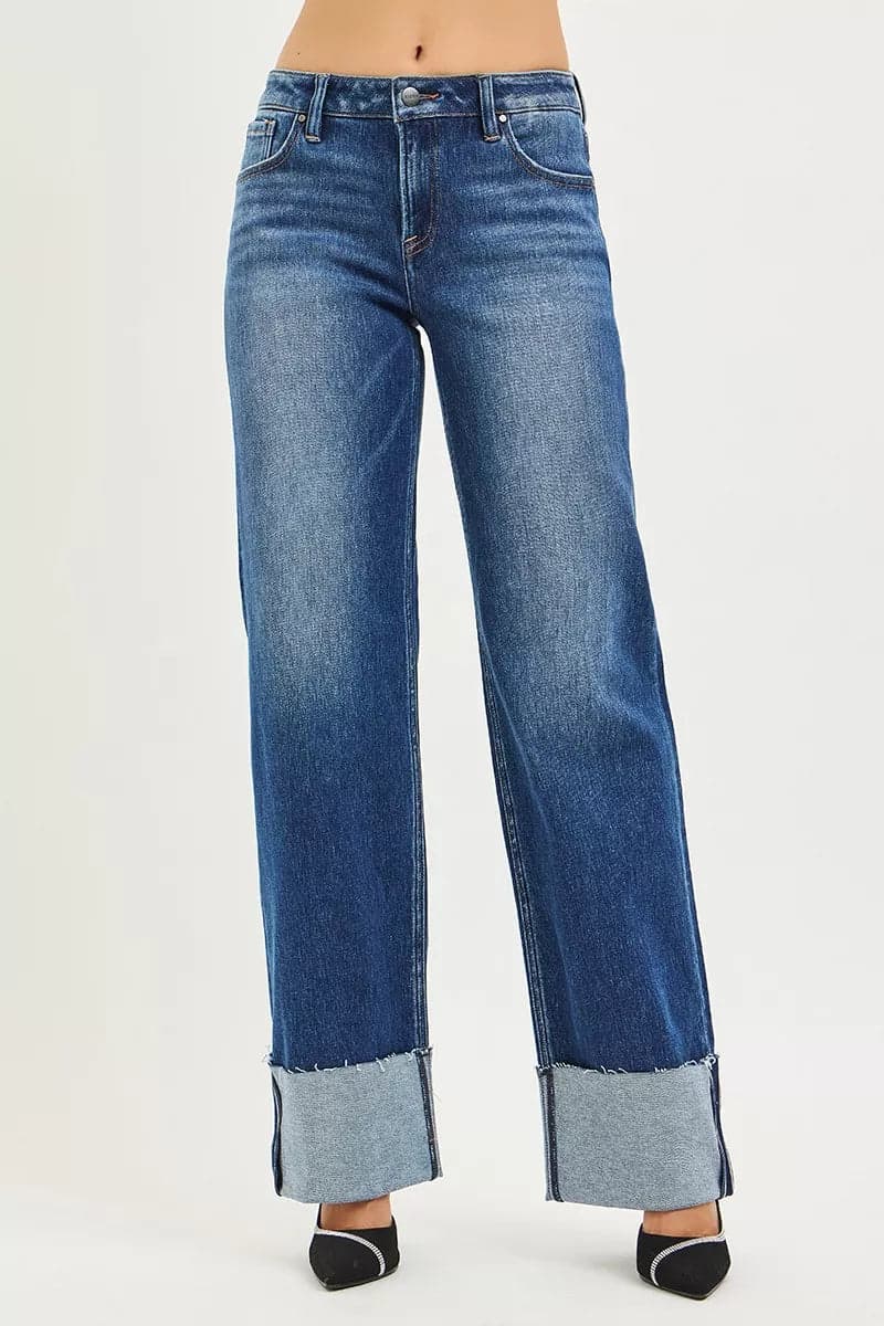 RISEN Mid Rise Wide Straight Jeans With Wide Cuff - DARK / 5