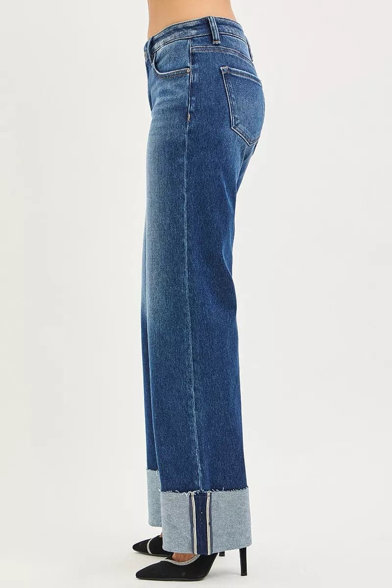 RISEN Mid Rise Wide Straight Jeans With Wide Cuff - DARK / 3 - Thumbnail 4
