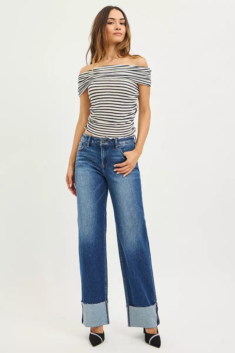 RISEN Mid Rise Wide Straight Jeans With Wide Cuff - DARK / 3 - Thumbnail 6