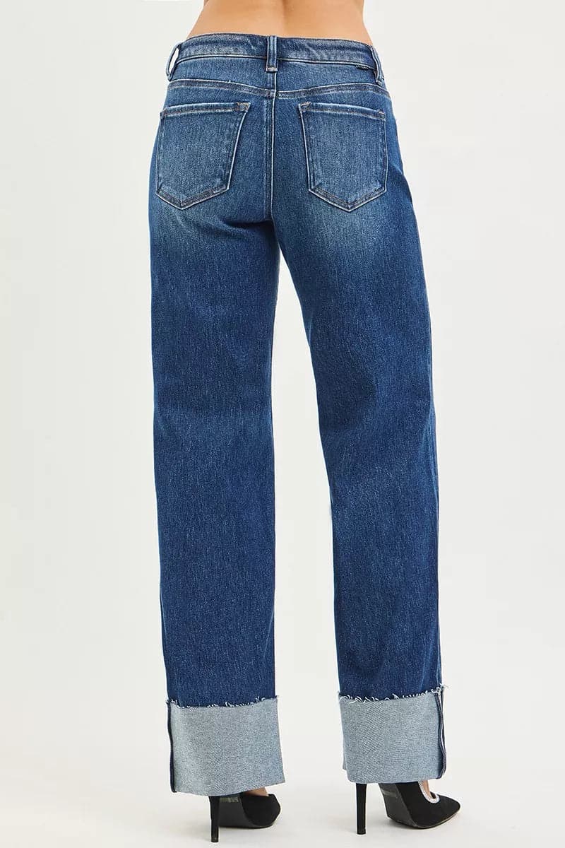 RISEN Mid Rise Wide Straight Jeans With Wide Cuff - DARK / 1 - Thumbnail 5