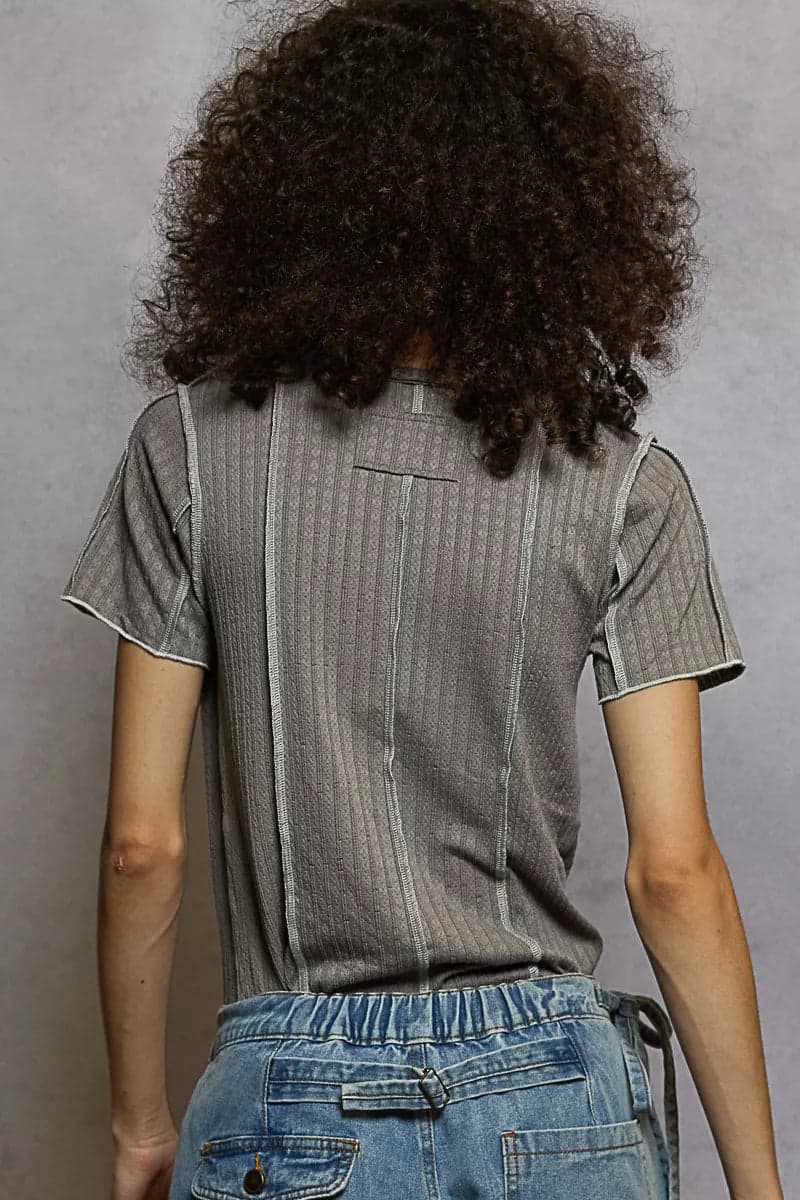 POL V-Neck Short Sleeve Top with Stitch Seam Detail - GREY / L - Thumbnail 5