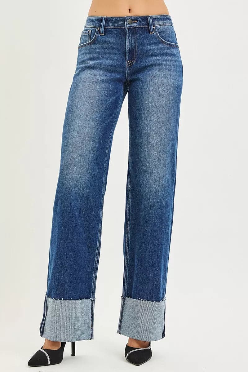 RISEN Mid Rise Wide Straight Jeans With Wide Cuff - DARK / 13 - Thumbnail 2