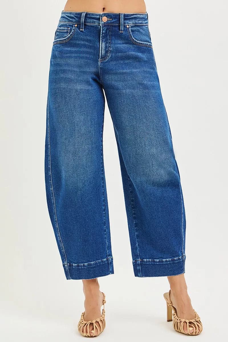 RISEN Mid Rise Crop Barrel Jeans - DARK / 15