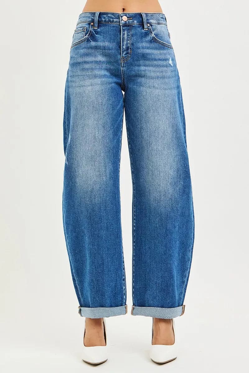 RISEN Full Size Mid Rise Barrel Double Roll Up Jeans Plus Size - DARK / 15 - Thumbnail 3