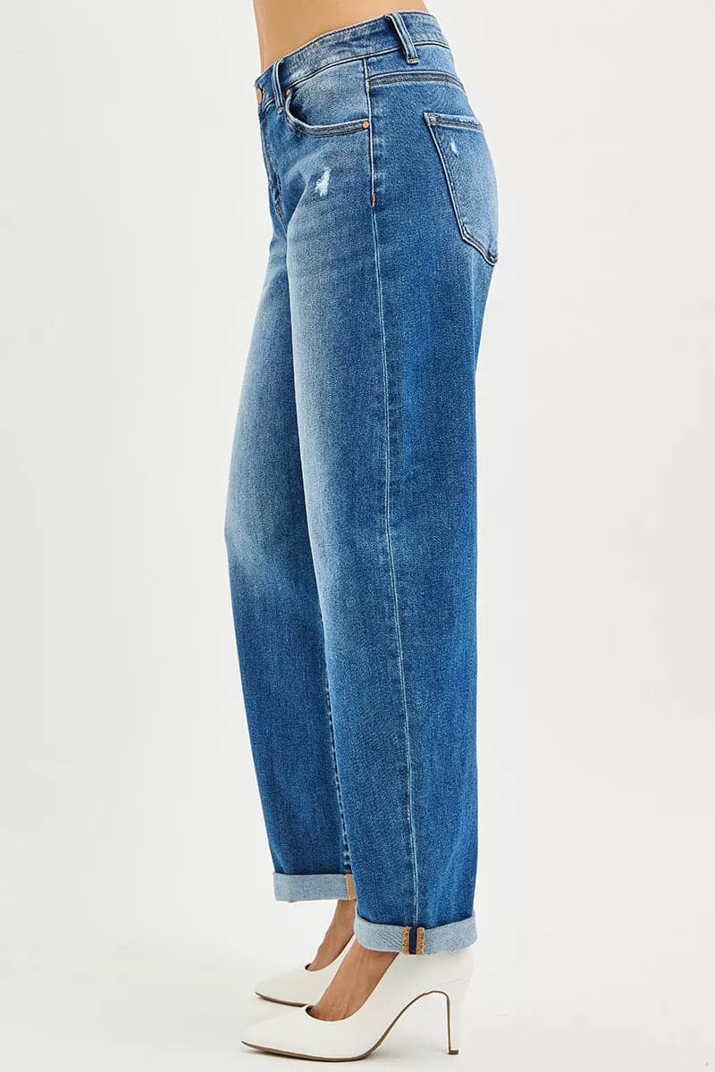 RISEN Full Size Mid Rise Barrel Double Roll Up Jeans Plus Size - DARK / 15 - Thumbnail 4