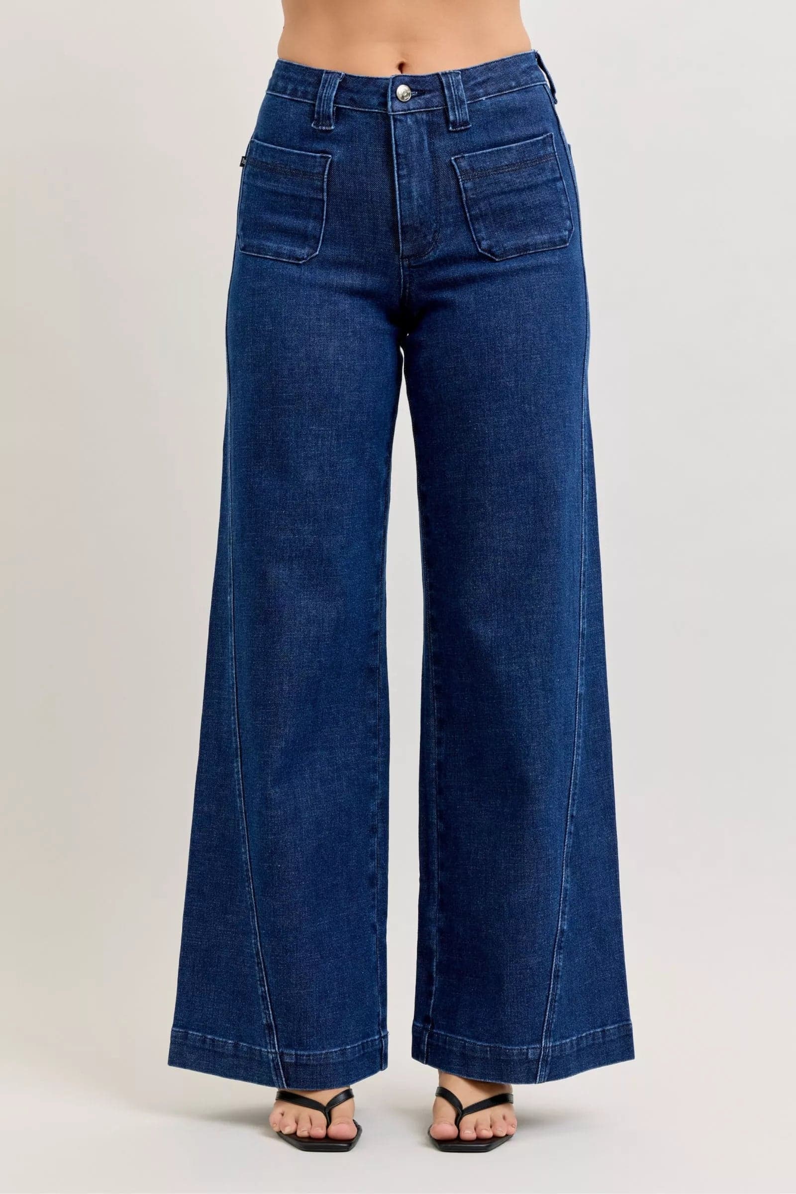 Judy Blue High-Waisted Retro Wide Jeans with Patch Pkts & Twisted Seams - DK / 11(30)