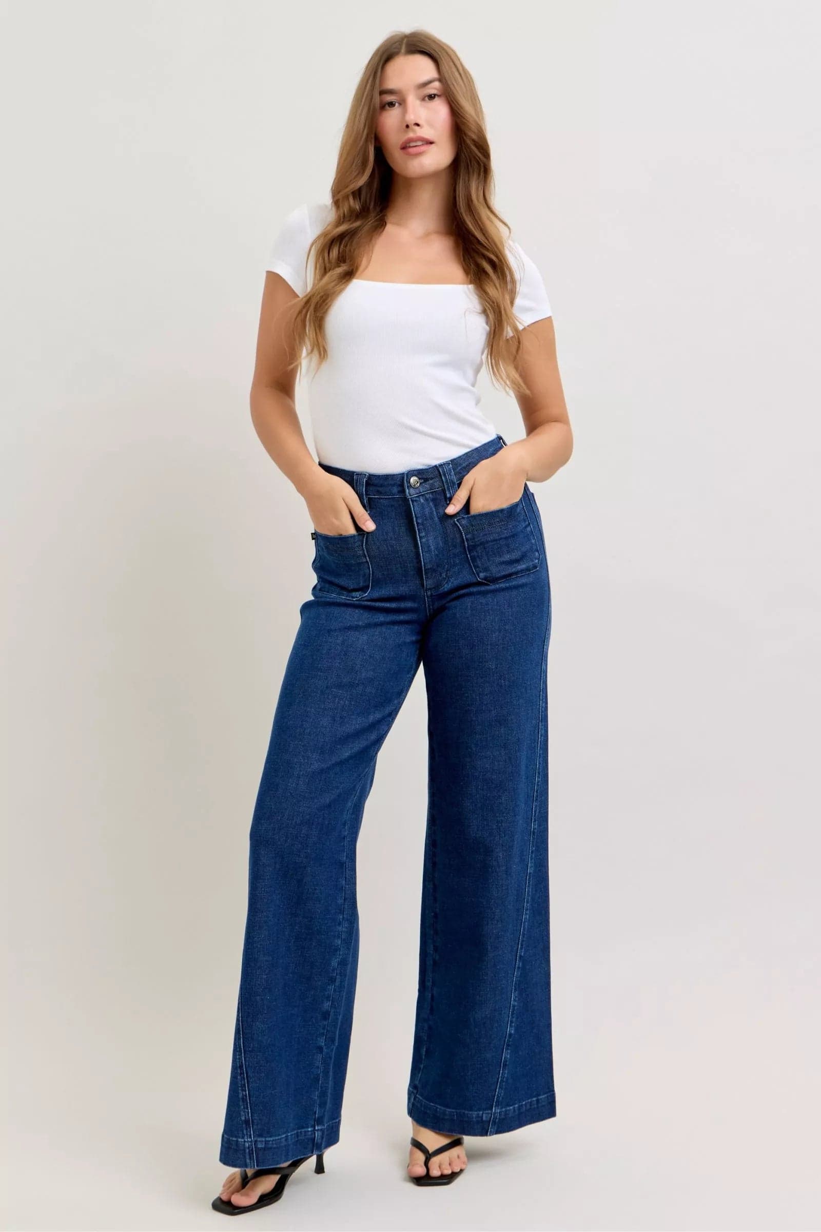 Judy Blue High-Waisted Retro Wide Jeans with Patch Pkts & Twisted Seams - DK / 5(27) - Thumbnail 5