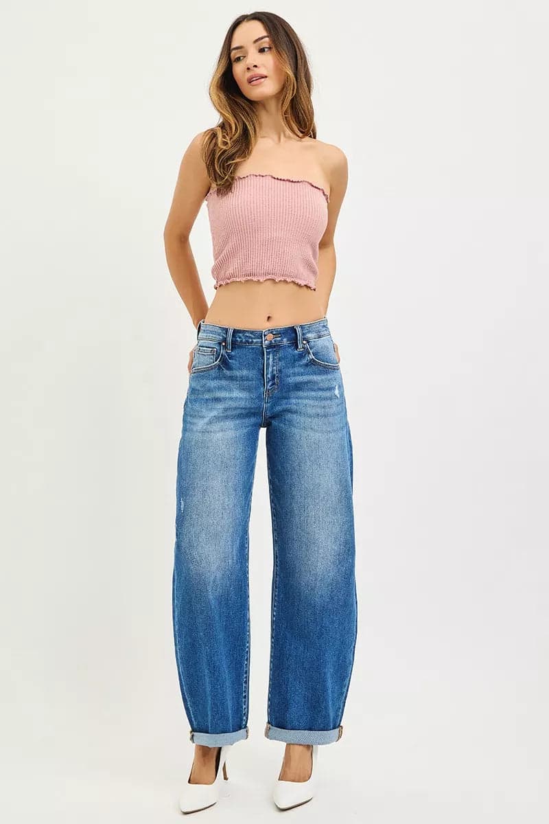 RISEN Full Size Mid Rise Barrel Double Roll Up Jeans Plus Size - DARK / 15 - Thumbnail 6