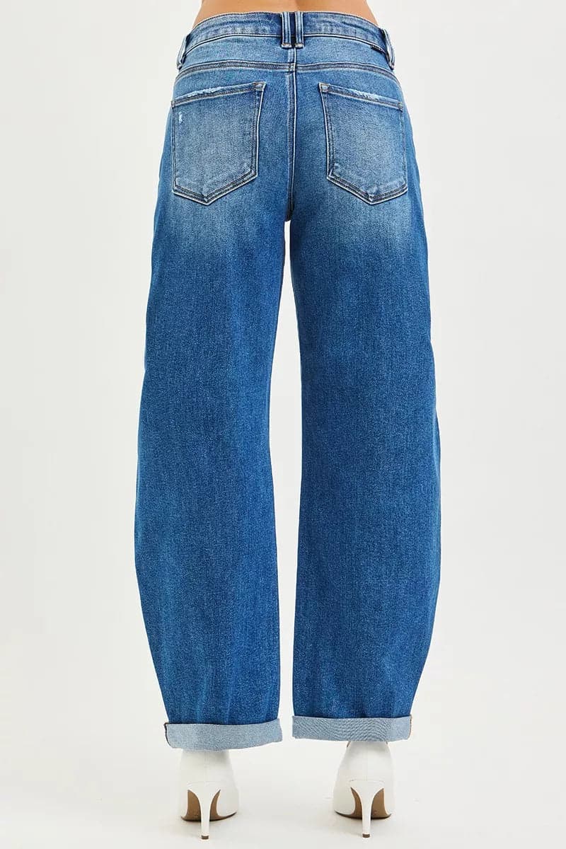 RISEN Full Size Mid Rise Barrel Double Roll Up Jeans Plus Size - DARK / 15 - Thumbnail 5
