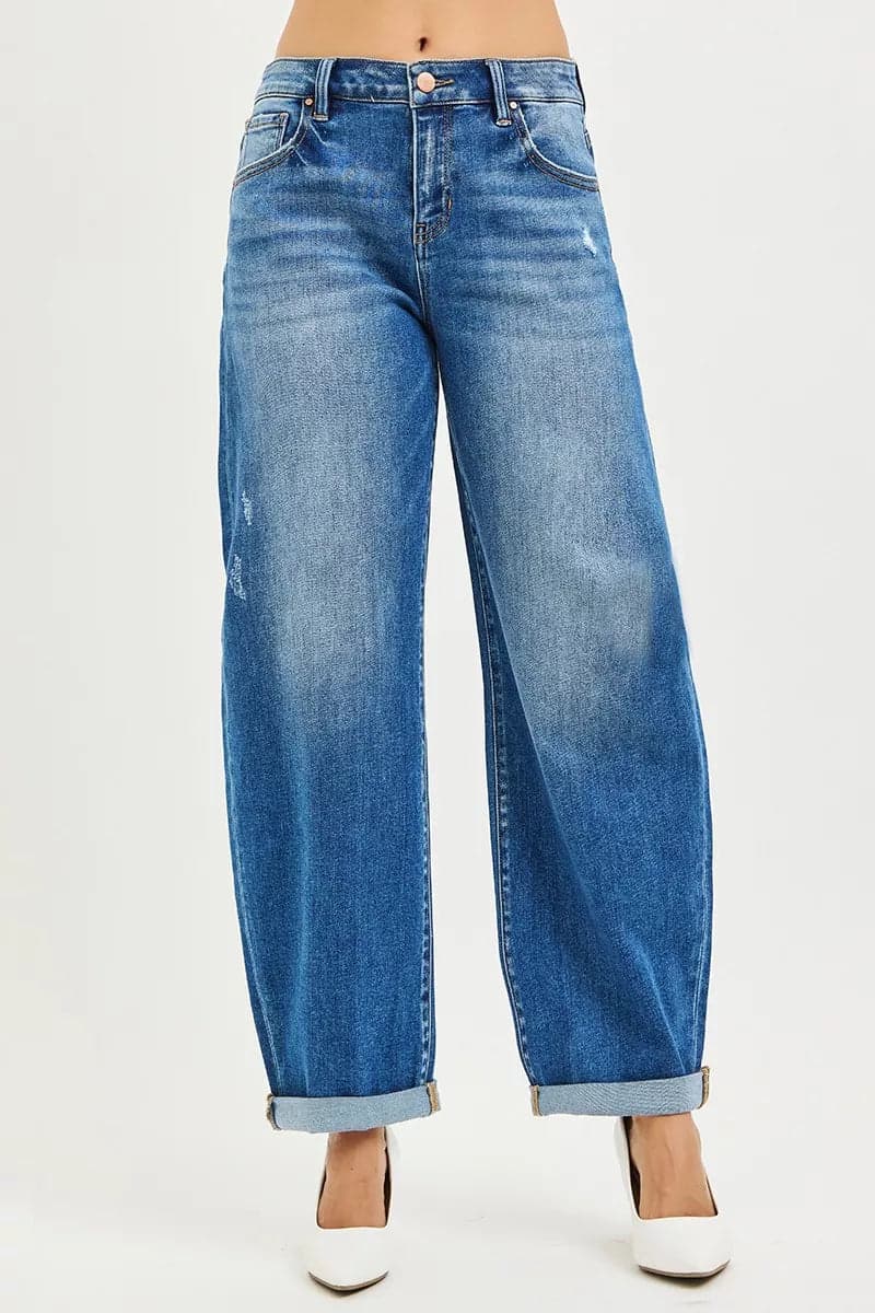 RISEN Full Size Mid Rise Barrel Double Roll Up Jeans Plus Size - DARK / 15