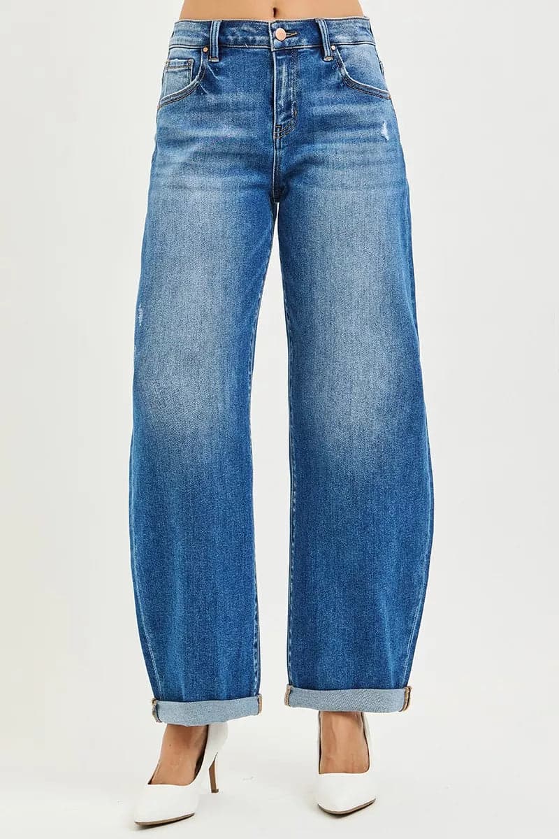 RISEN Full Size Mid Rise Barrel Double Roll Up Jeans Plus Size - DARK / 15 - Thumbnail 2