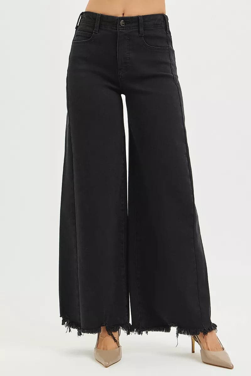 RISEN Tummy Control High Rise Palazzo Leg Frayed Hem Jeans - BLACK / 13