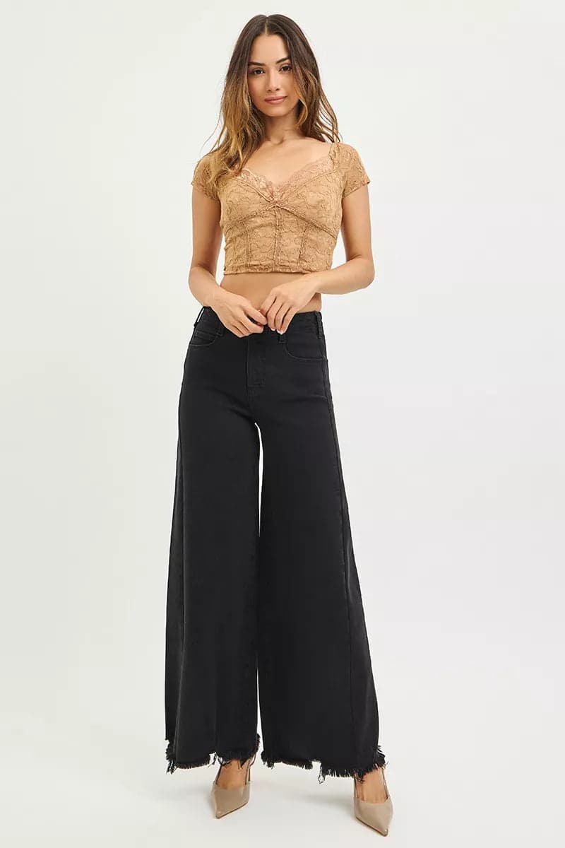 RISEN Tummy Control High Rise Palazzo Leg Frayed Hem Jeans - BLACK / 9 - Thumbnail 6