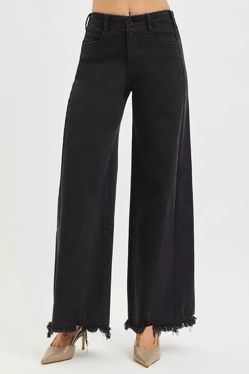 RISEN Tummy Control High Rise Palazzo Leg Frayed Hem Jeans - BLACK / 9 - Thumbnail 2